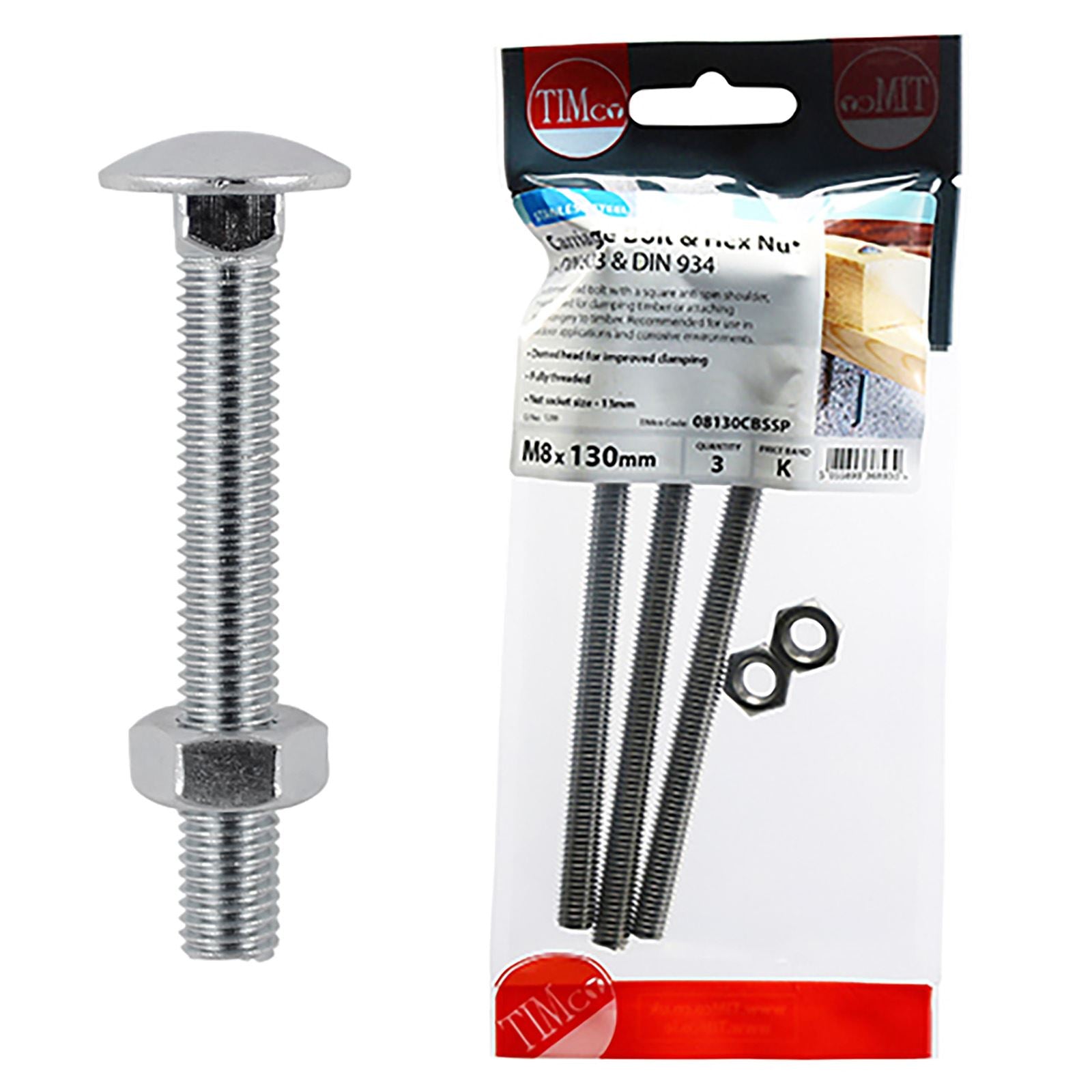 TIMCO Carriage Bolts with Hex Nuts A2 Austenitic Stainless Steel TIMpac M8-M12 - Choose Size