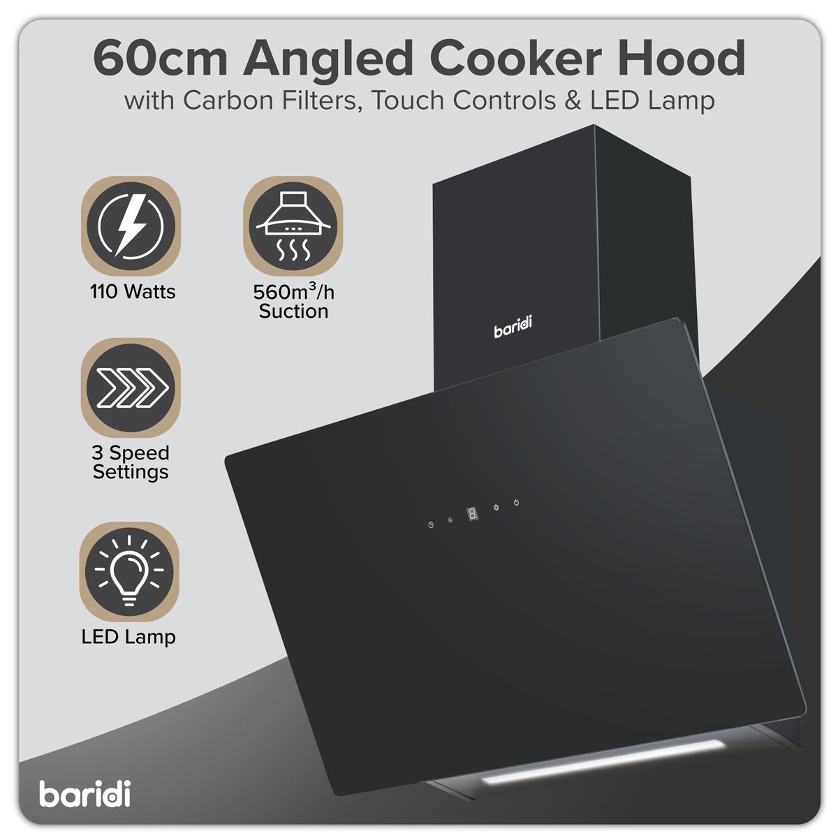 Baridi Angled Chimney Cooker Hood with Touch Controls & Carbon Filters 60cm - Black Glass  White Rose Tools