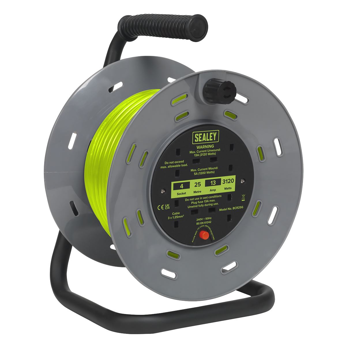 Sealey Cable Reel with Thermal Trip 4 x 230V Sockets 25m - Green