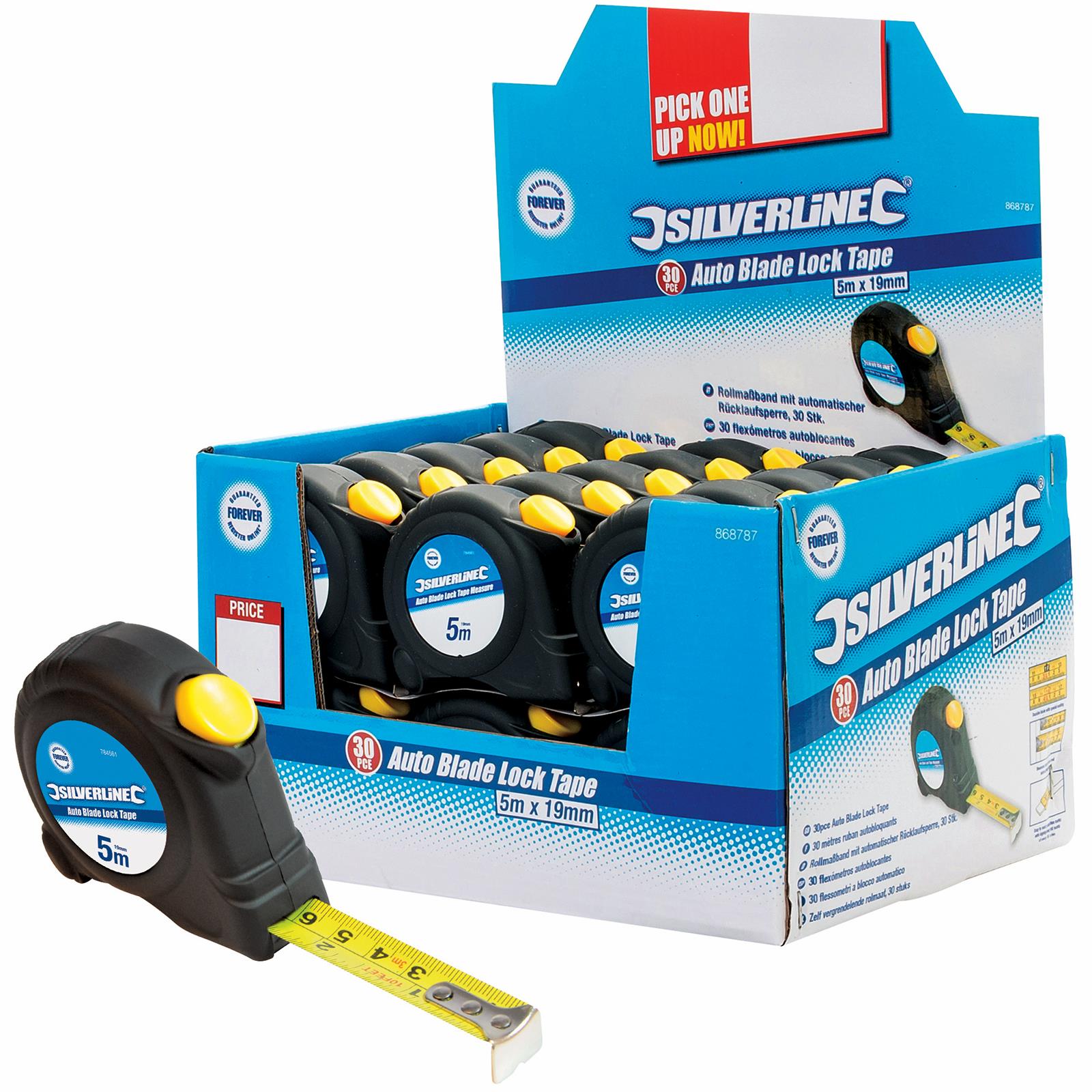 30 x Silverline 5m Tape Measure Automatic Blade Lock Metric Imperial Display Box 