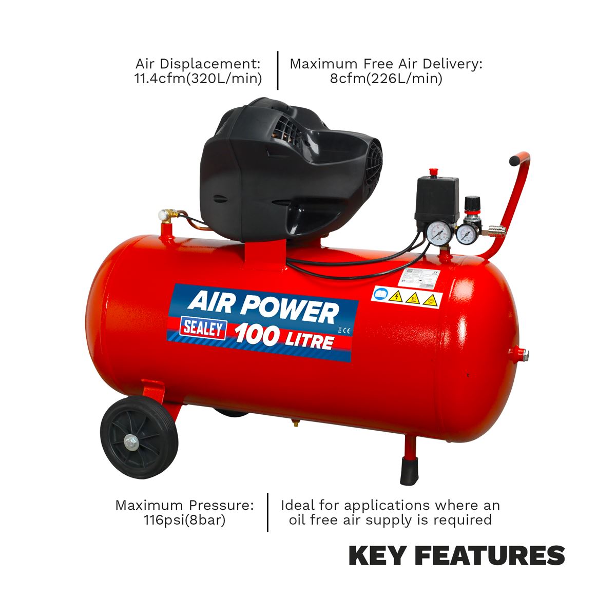 Sealey 100L Oil Free V-Twin Direct Drive Air Compressor 3hp 