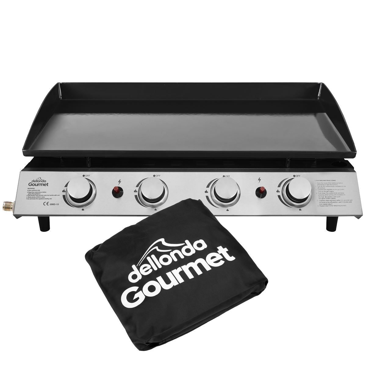 Dellonda 4 Burner Portable Gas Plancha 10kW BBQ Griddle, Supplied with Water Resistant PVC Cover, Stainless Steel