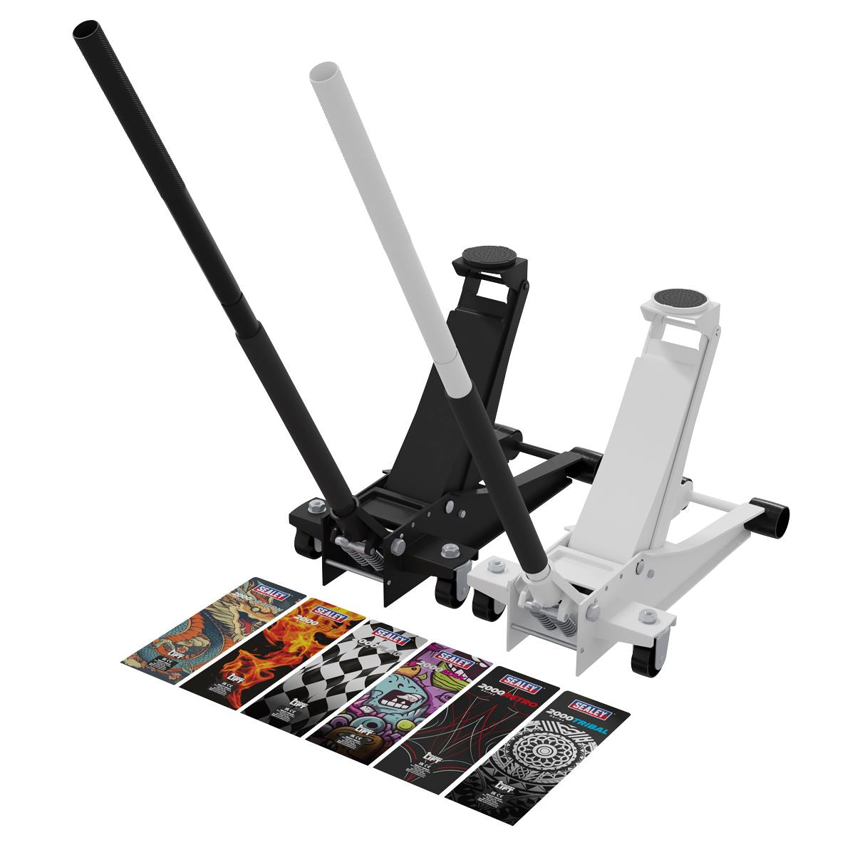 Sealey Low Entry Custom Design Trolley Jack with Rocket Lift 2 Tonne - Black  White Rose Tools