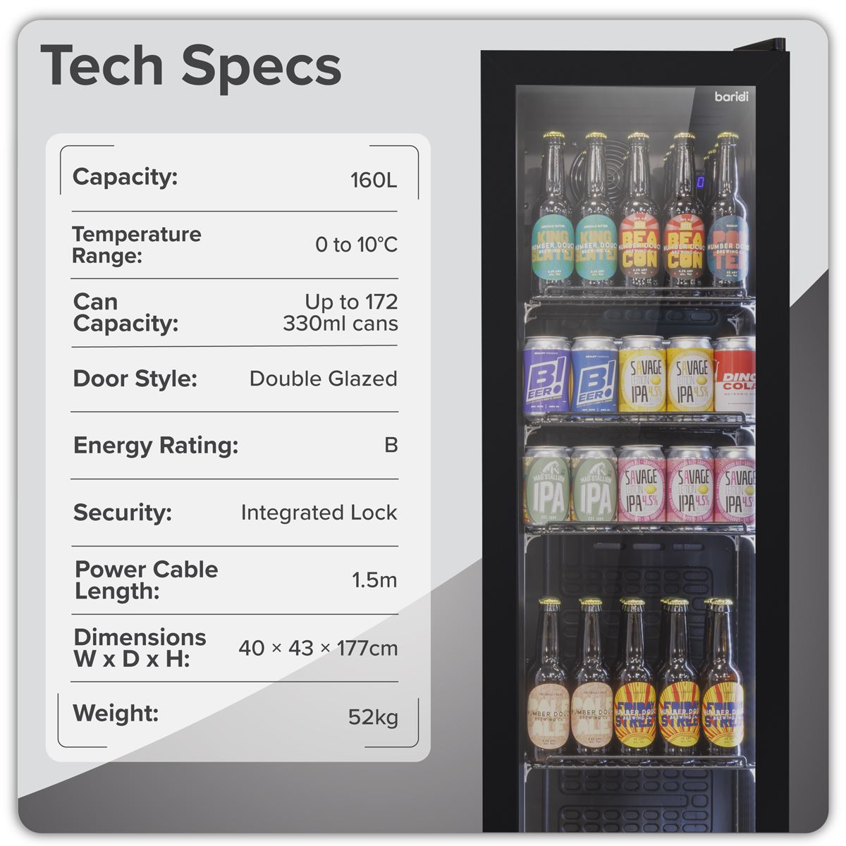 Baridi Tall Drinks/Bar Fridge with Digital Controls & Auto Defrost 160L - Black  White Rose Tools