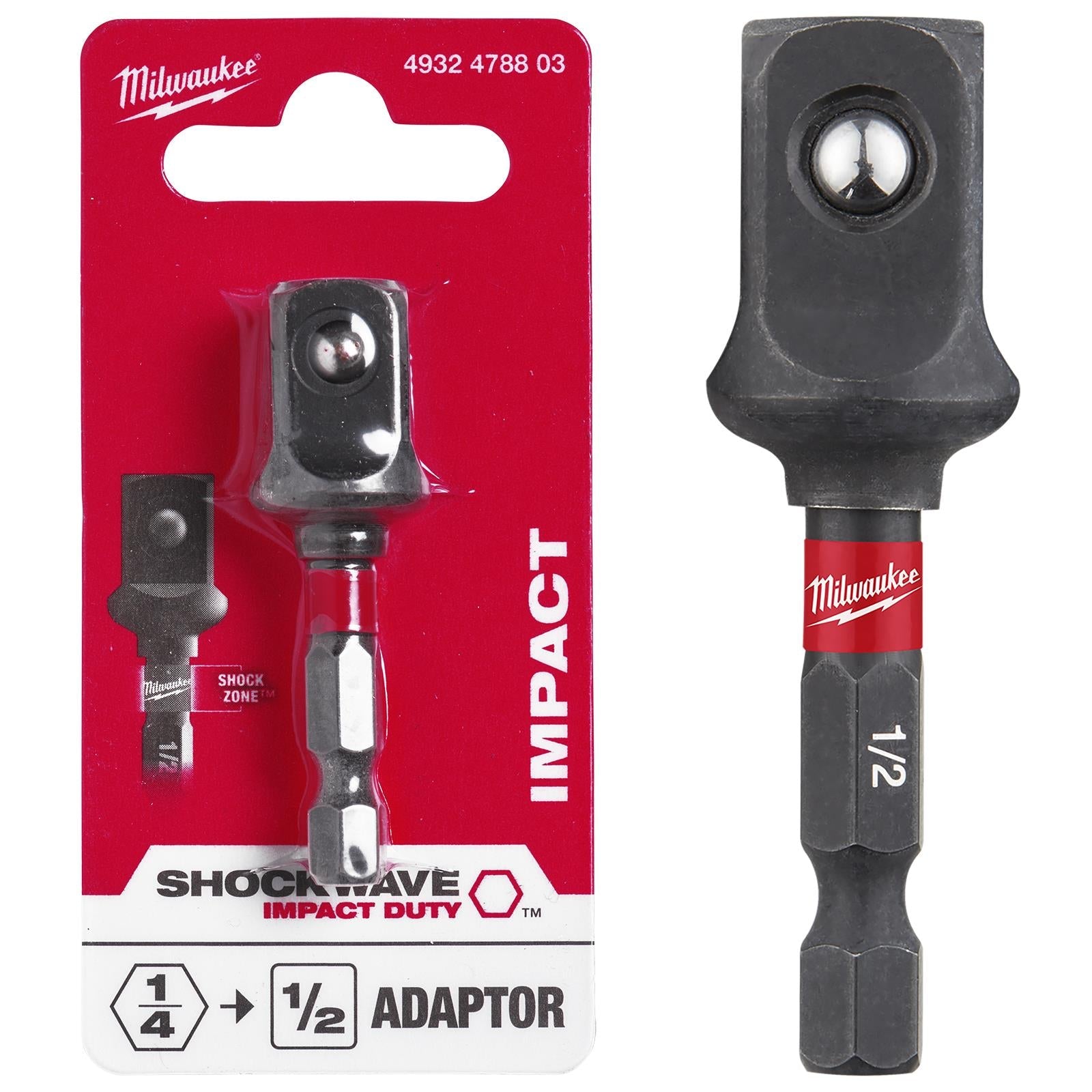 Milwaukee Impact Socket Adaptor 1/4" Hex to 1/2" Square Drive SHOCKWAVE Impact Duty 