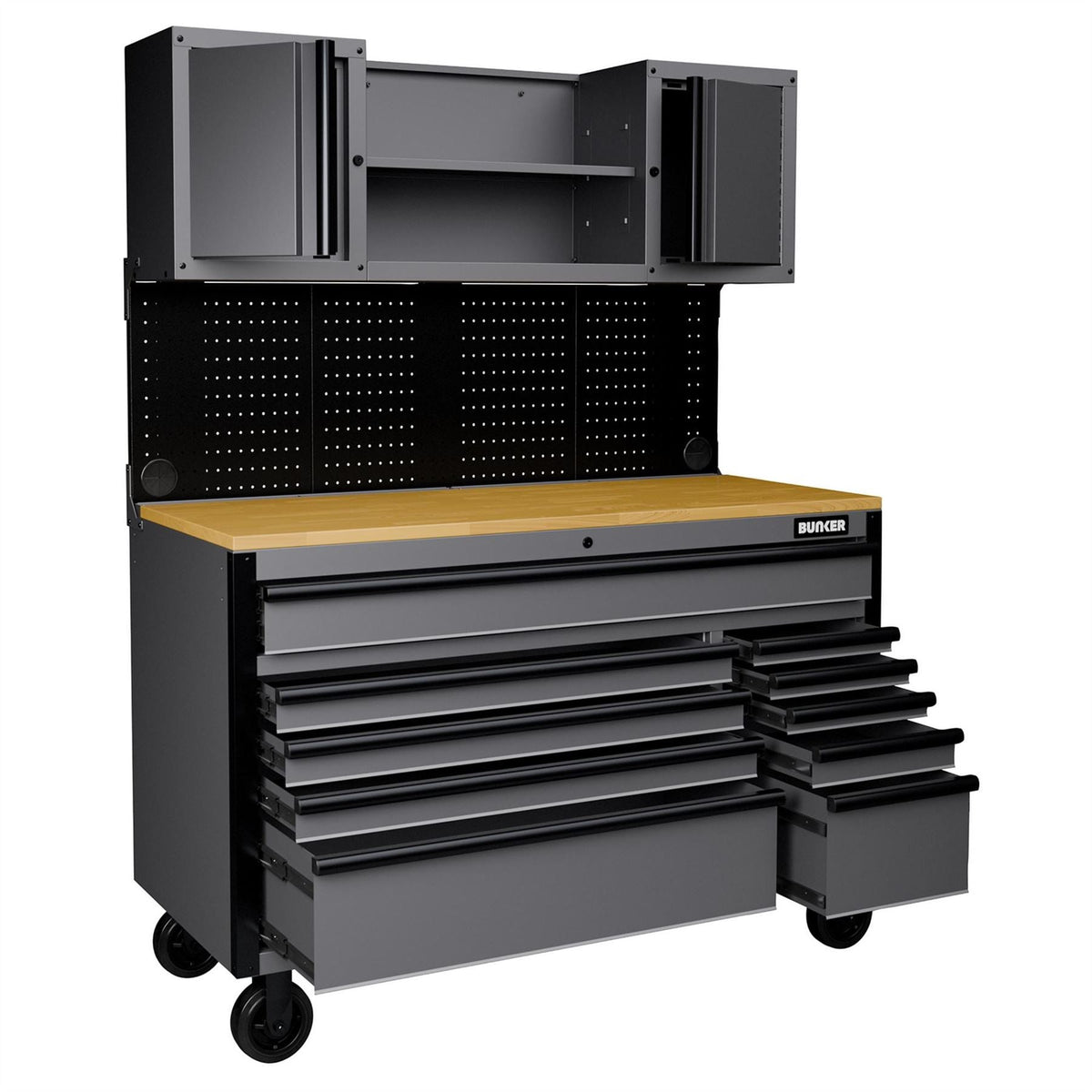 BUNKER 10 Drawer Roller Workstation with Workbench 56" Light Grey 27360  White Rose Tools