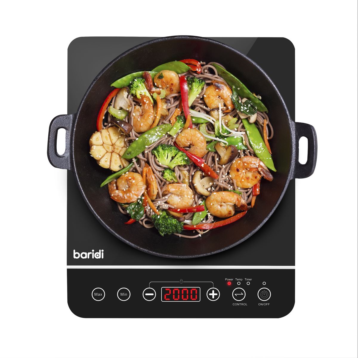 Baridi Induction Hob: Single Zone with 13A Plug, 10 Power Settings 200W-2000W, Touch Controls, 3-Hour Timer Function, Child Lock, Black