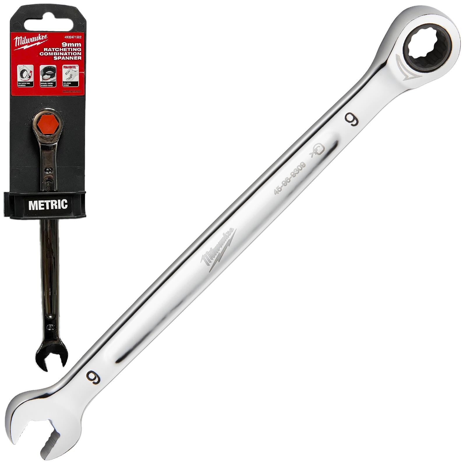 Milwaukee Ratchet Combination Spanners MAX BITE Fixed Head Open End Ring - Choose Size