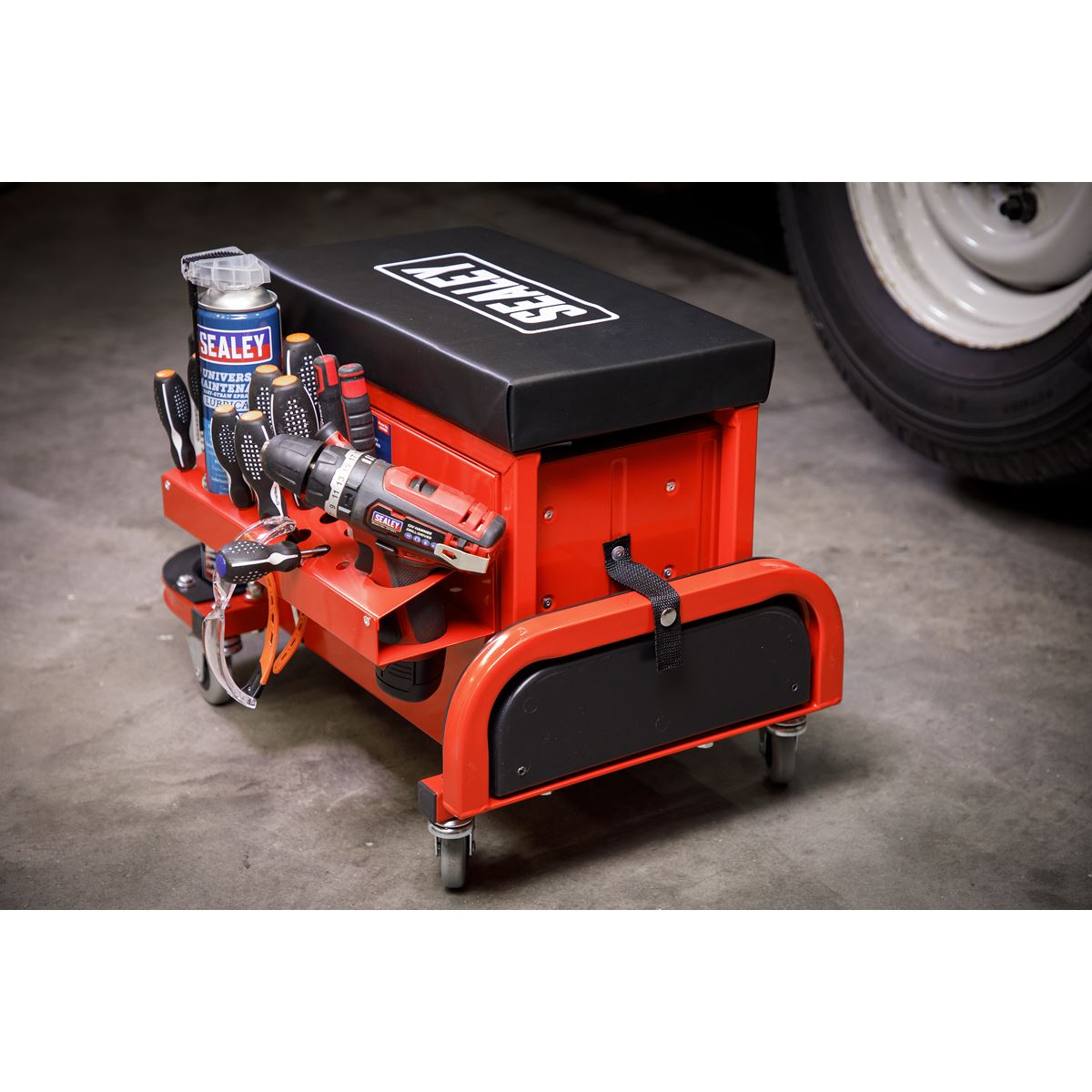 Sealey Mechanics Rolling Utility Seat and Toolbox with Drawers Red