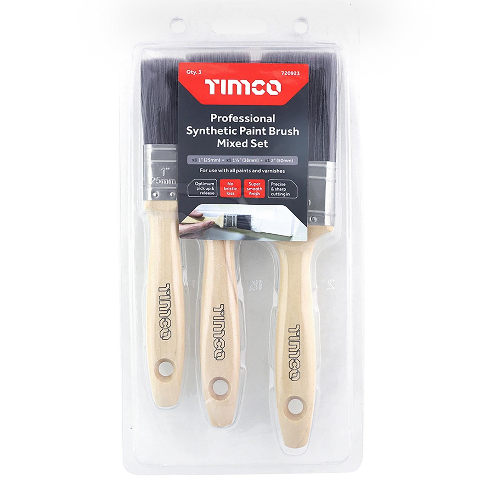 TIMCO Paint Brush Set Professional Synthetic 3 Pack 25mm 38mm 50mm No Bristle Loss