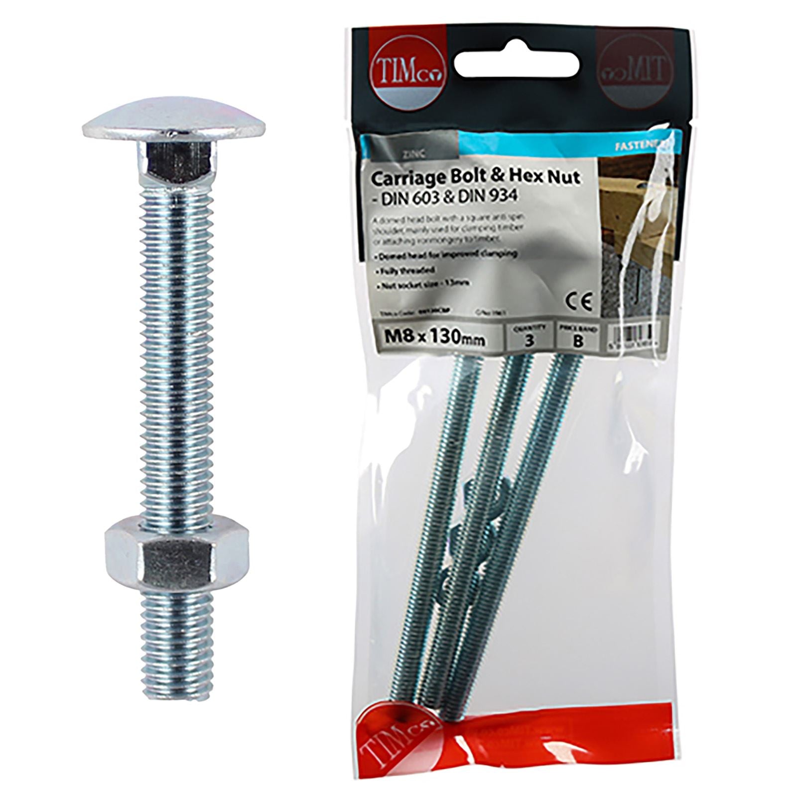 TIMCO Carriage Bolts with Hex Nuts 4.8 Grade Zinc Carbon Steel TIMpac M6-M12 - Choose Size