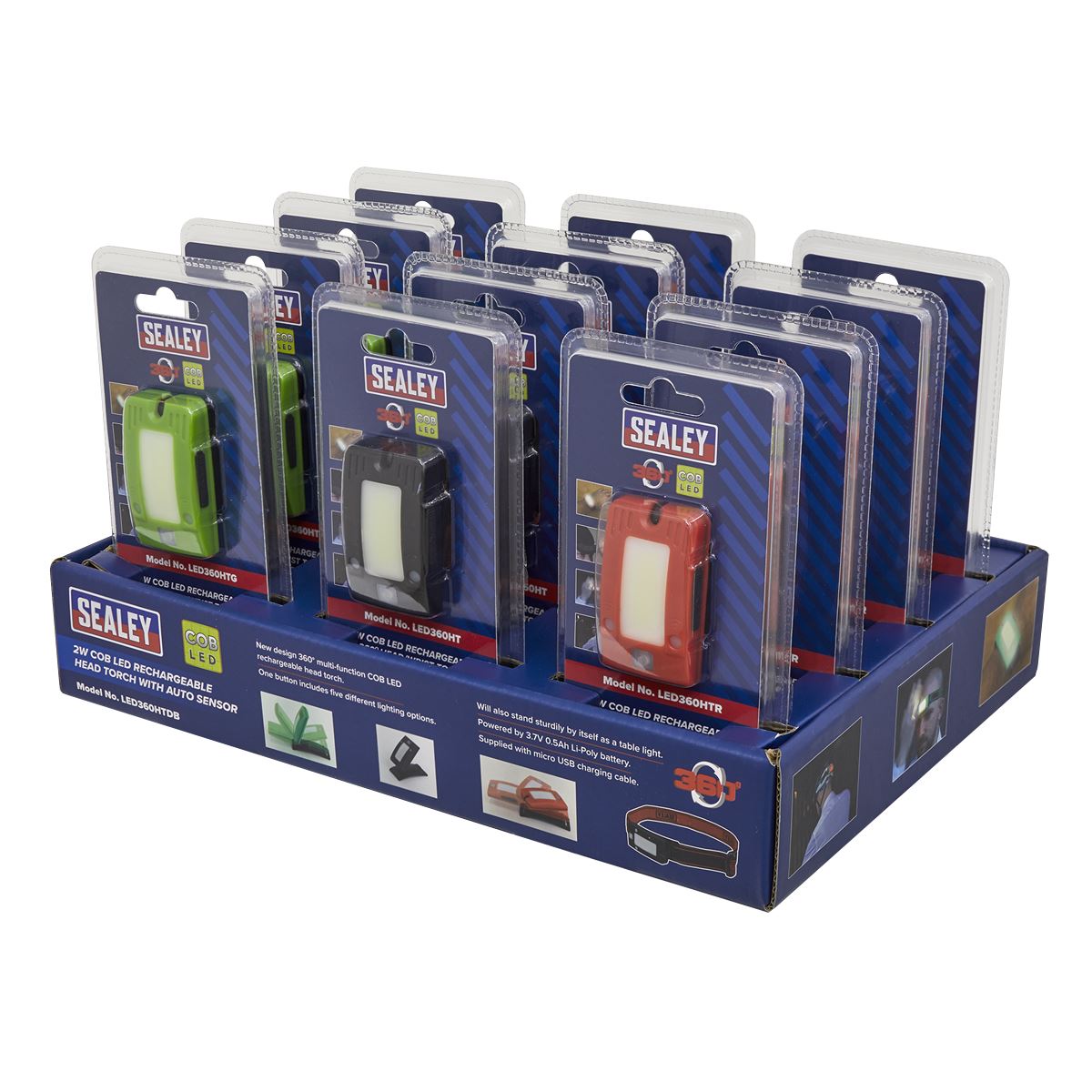 Sealey Rechargeable Head Torches Auto-Sensor Black 2W COB LED Display Box of 12 