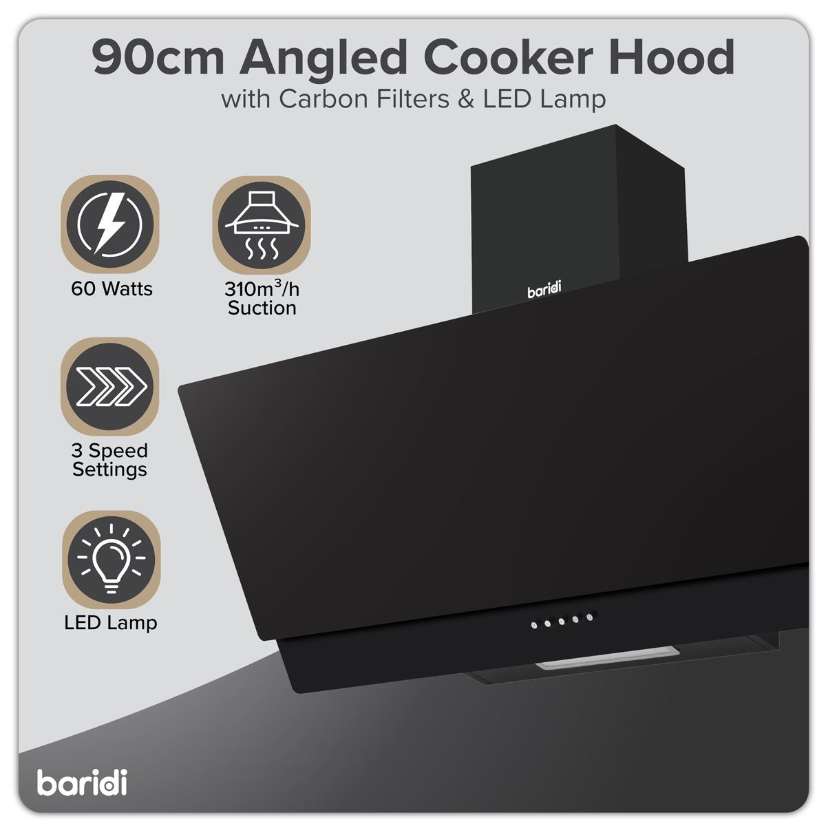 Baridi Angled Chimney Cooker Hood with Carbon Filters & LED Lamp 90cm, Energy Class A - Black Glass  White Rose Tools