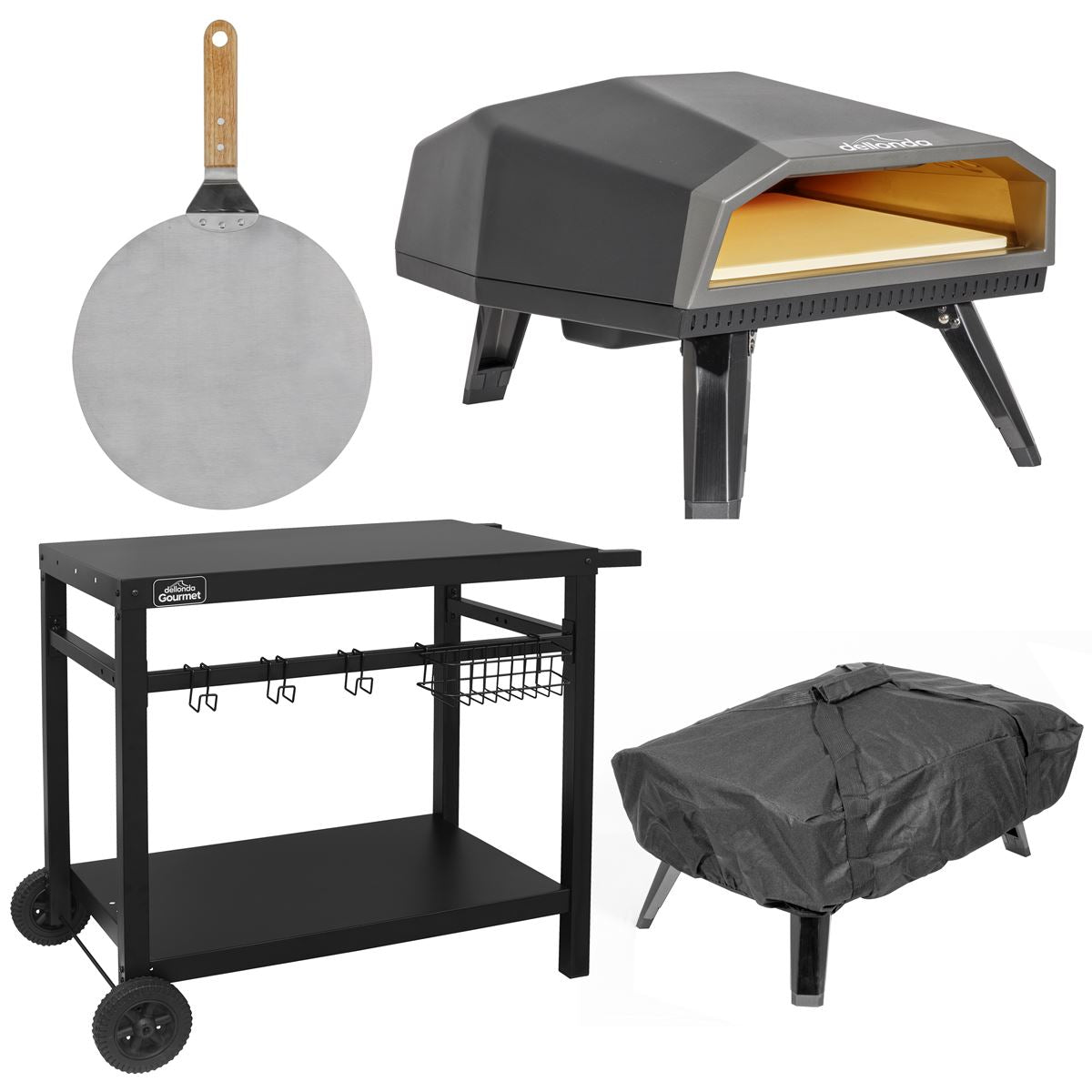 Dellonda Gas Pizza Oven with Gas Regulator, Water-Resistant Cover, 12" Pizza Peel & Plancha/BBQ Trolley