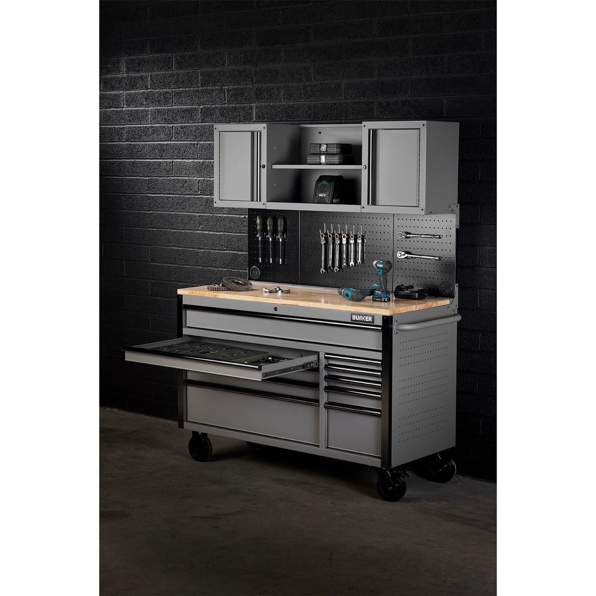 BUNKER 10 Drawer Roller Workstation with Workbench 56" Light Grey 27360  White Rose Tools