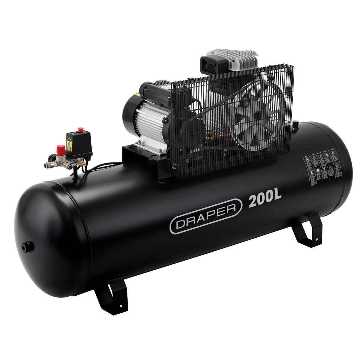Draper 230V 200L Stationary Belt-Driven Air Compressor 2.2kW/3HP 55313  White Rose Tools