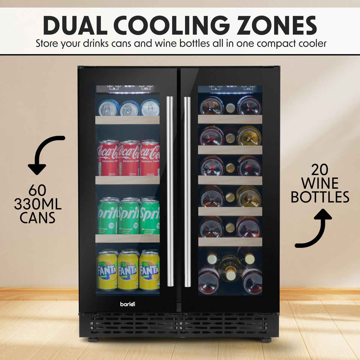 Baridi 60cm Dual Zone Wine Cooler and Drinks Fridge 40 Bottle/120 Can Built-In Under Counter/Freestanding Glass Fronted Bar Drinks Fridge Chiller