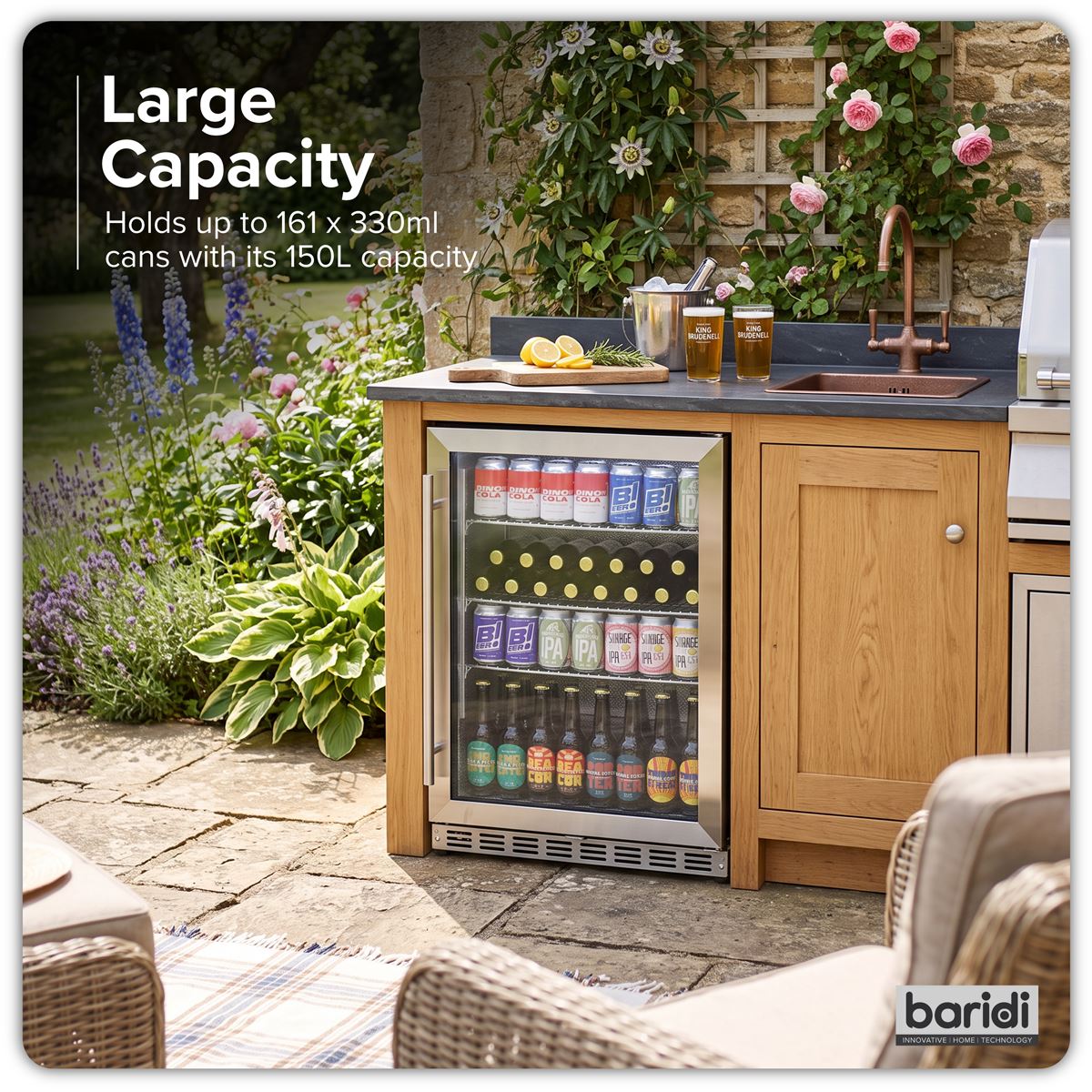 Baridi Outdoor Drinks/Beverage/Bar Fridge with Triple Glazed Door & Security Lock 150L - Stainless Steel  White Rose Tools