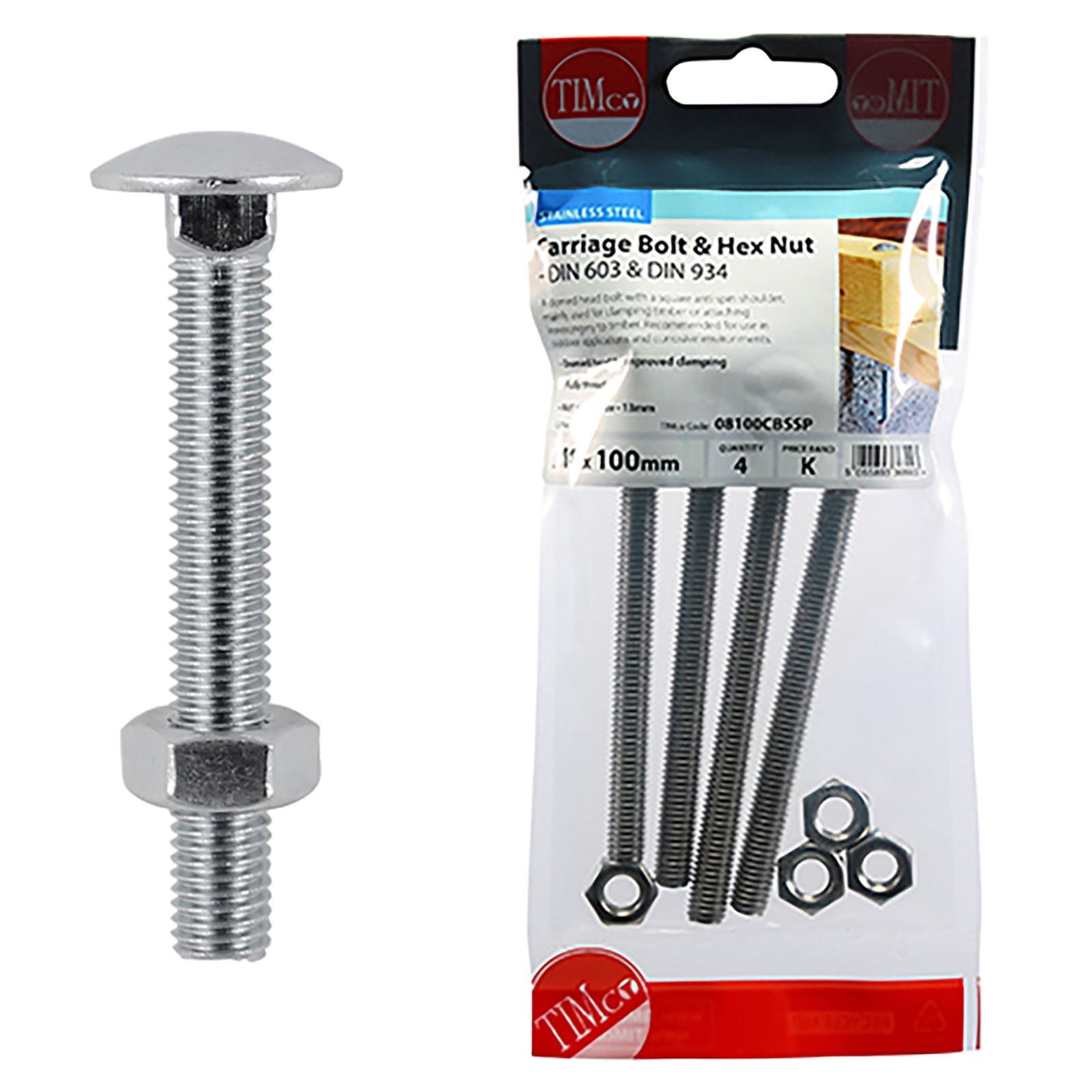 TIMCO Carriage Bolts with Hex Nuts A2 Austenitic Stainless Steel TIMpac M8-M12 - Choose Size