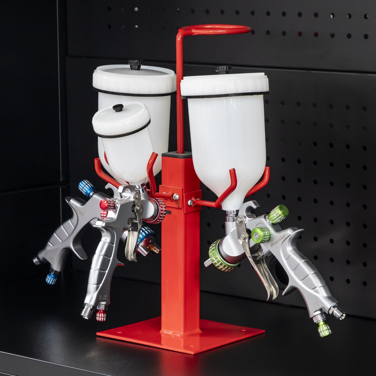 Sealey Spray Gun Holder Stand Heavy Duty 3 Gravity Feed Filter Ring Body Shop 