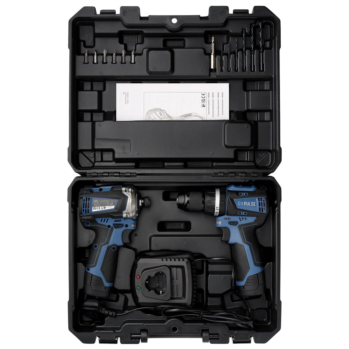 Draper DXPULSE 12V Brushless Combi Drill & Impact Driver Kit 1/4" Sq. Dr. 2 x 2.0Ah Batteries 1 x Charger 27983  White Rose Tools