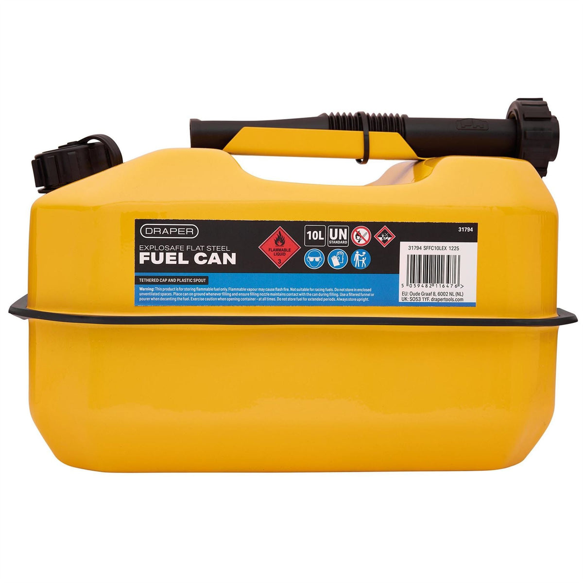 Draper Explosafe Flat Steel Fuel Can 10L Yellow 31794  White Rose Tools