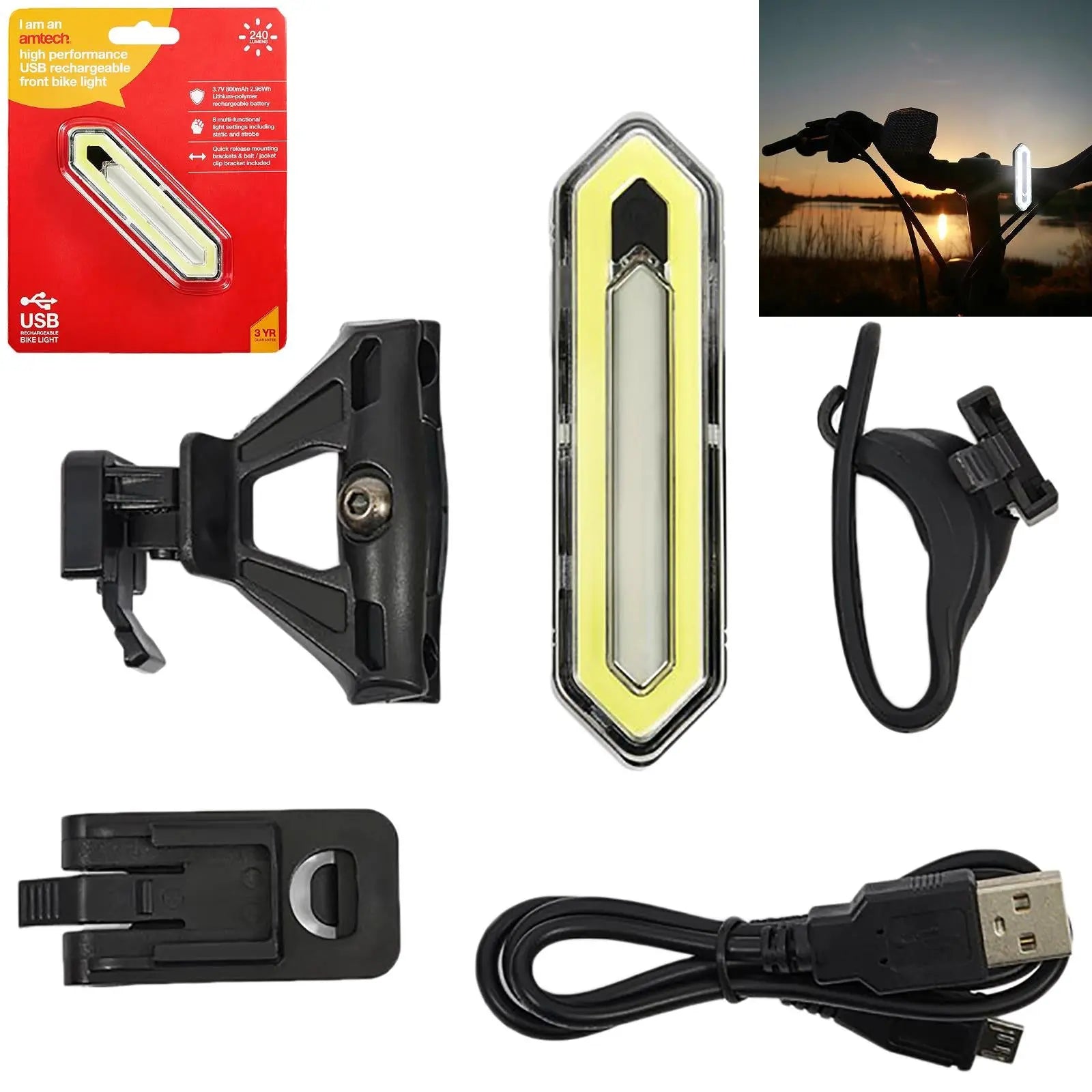 Amtech Bike Light Front White High Performance USB Rechargeable 8 Settings 240 Lumens 