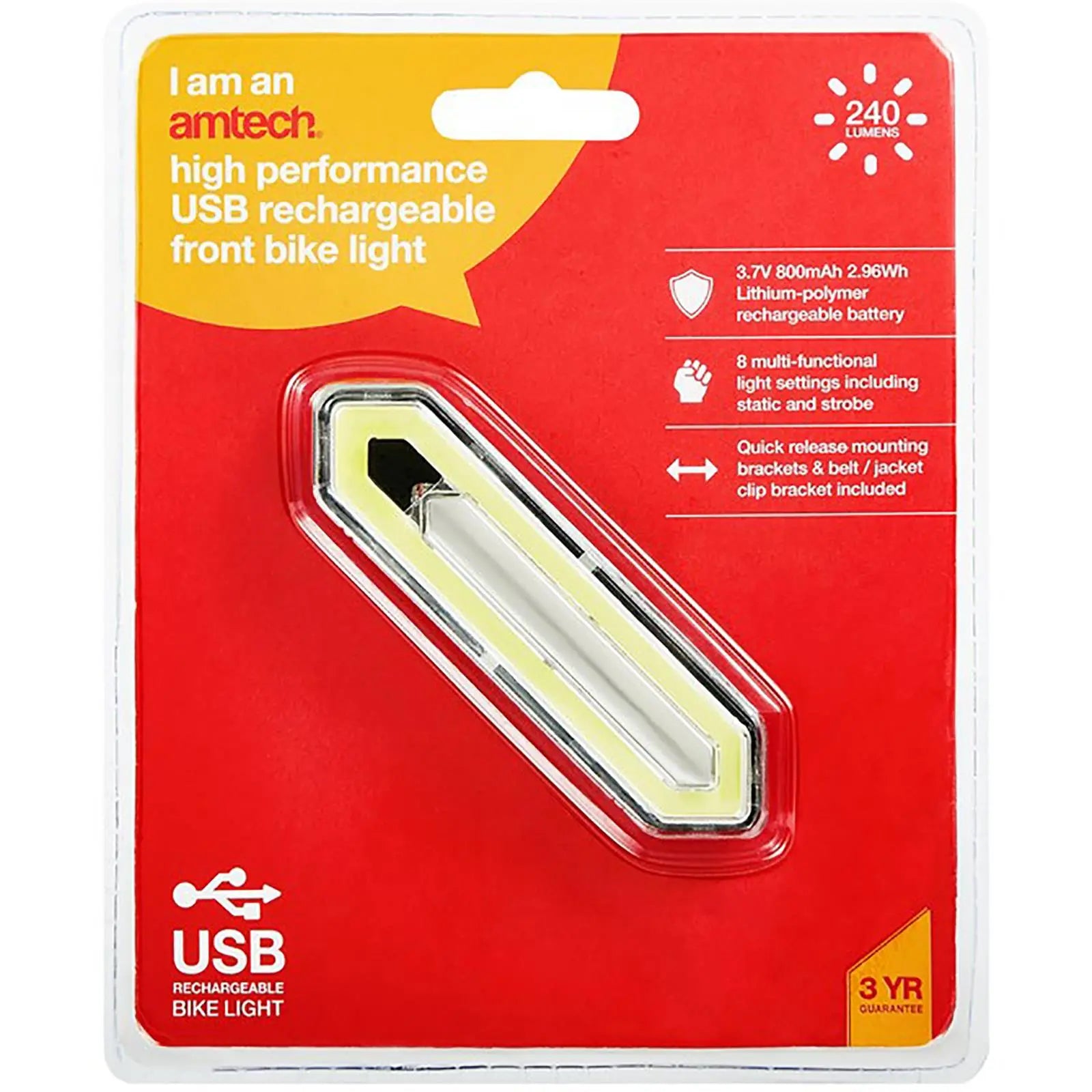 Amtech Bike Light Front White High Performance USB Rechargeable 8 Settings 240 Lumens 