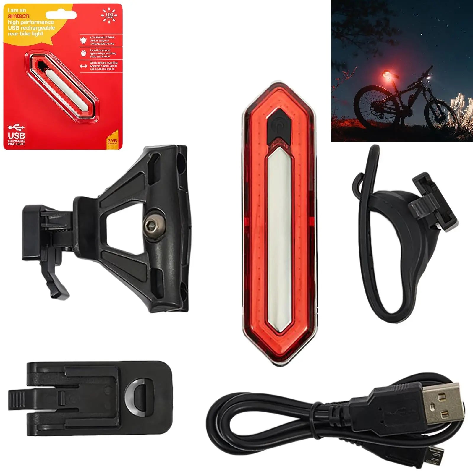 Amtech Bike Light Rear Red High Performance USB Rechargeable 8 Settings 100 Lumens 