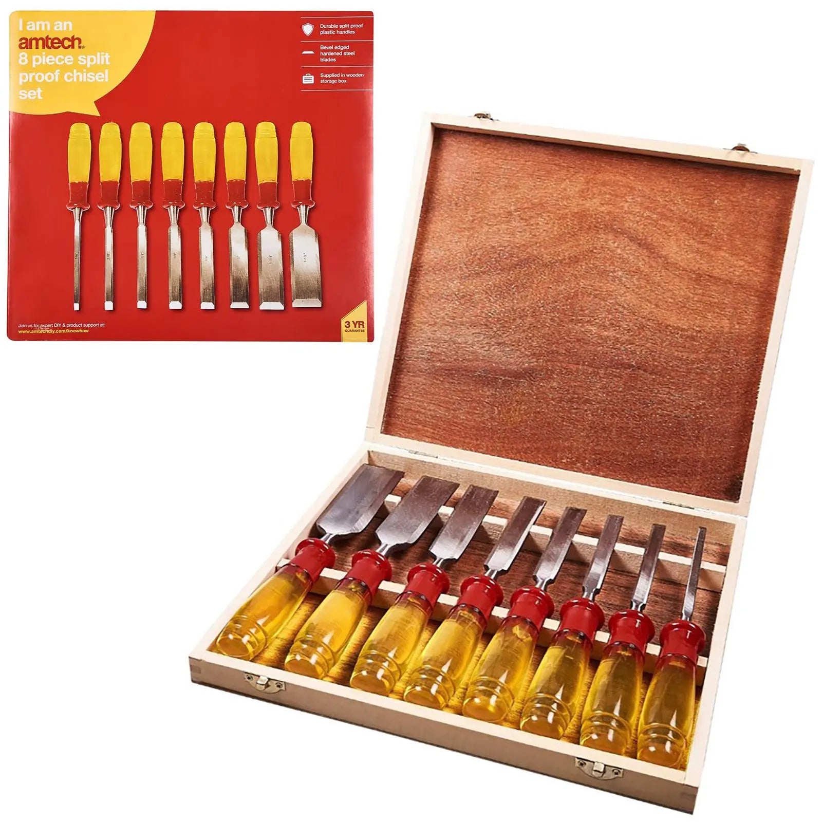 Amtech Wood Chisel Set Split Proof Wooden Box Bevel Edges Hardened Blades  White Rose Tools