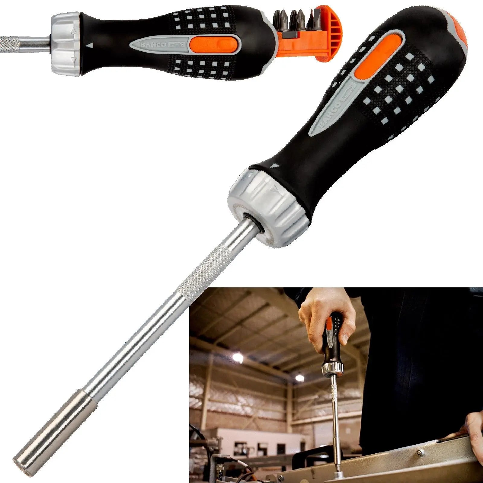 Bahco Ratchet Screwdriver with 1/4" Hex Bits Phillips Pozi Slotted  White Rose Tools