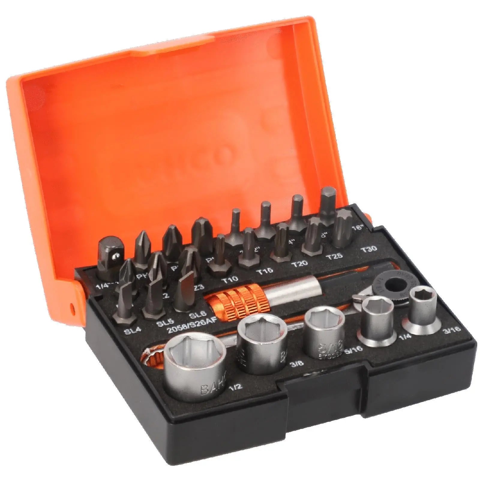 Bahco Socket Screwdriver Bit Set 1/4" Ratchet Drive Phillips Pozi Hex Slotted Torx 26 Piece  White Rose Tools