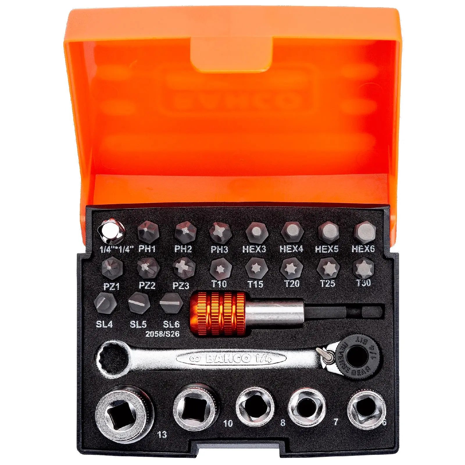 Bahco Socket Screwdriver Bit Set 1/4" Ratchet Drive Phillips Pozi Hex Slotted Torx 26 Piece  White Rose Tools