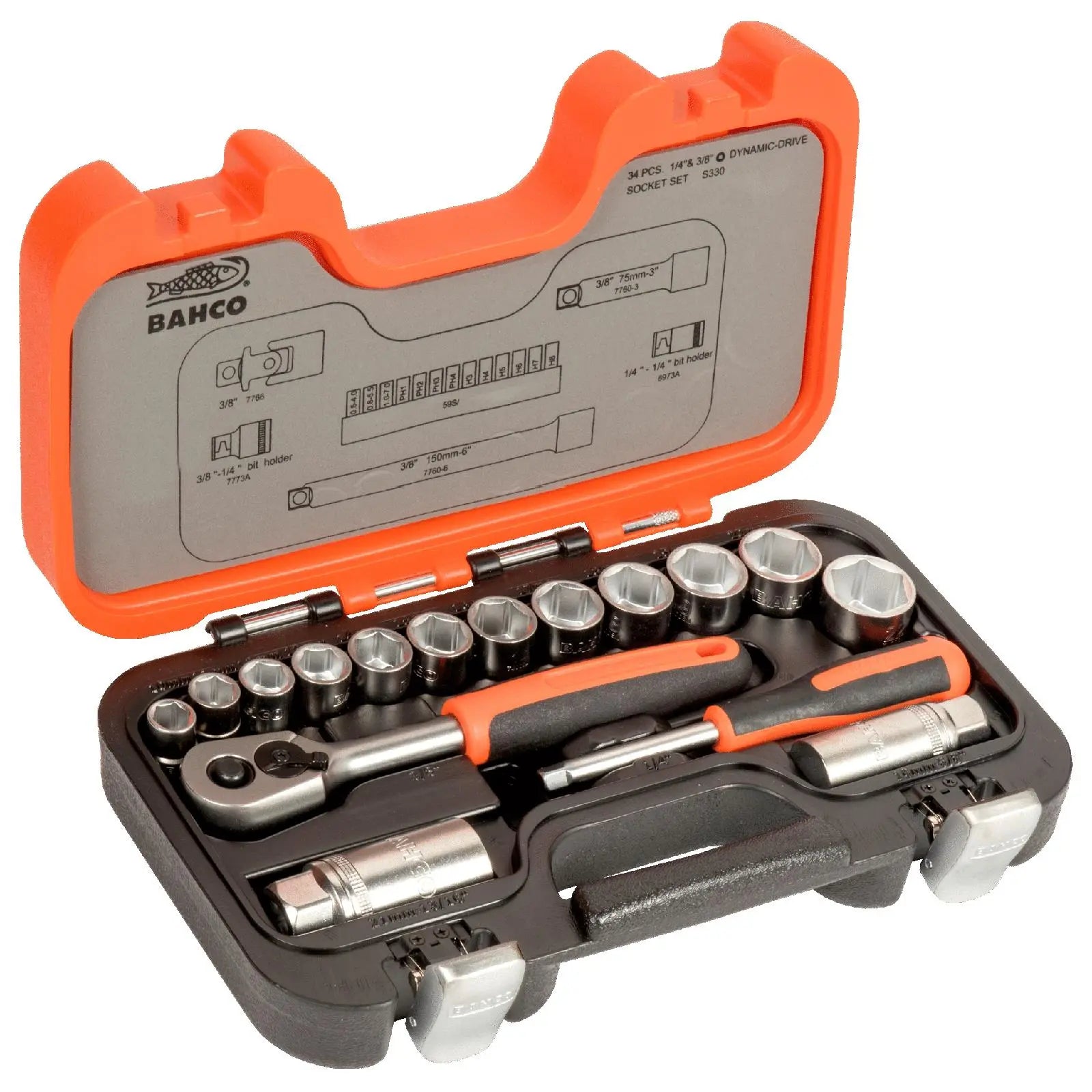 Bahco Socket Screwdriver Bit Set 3/8" Ratchet Handle 1/4" Hex Slotted Phillips Metric 34 Piece  White Rose Tools