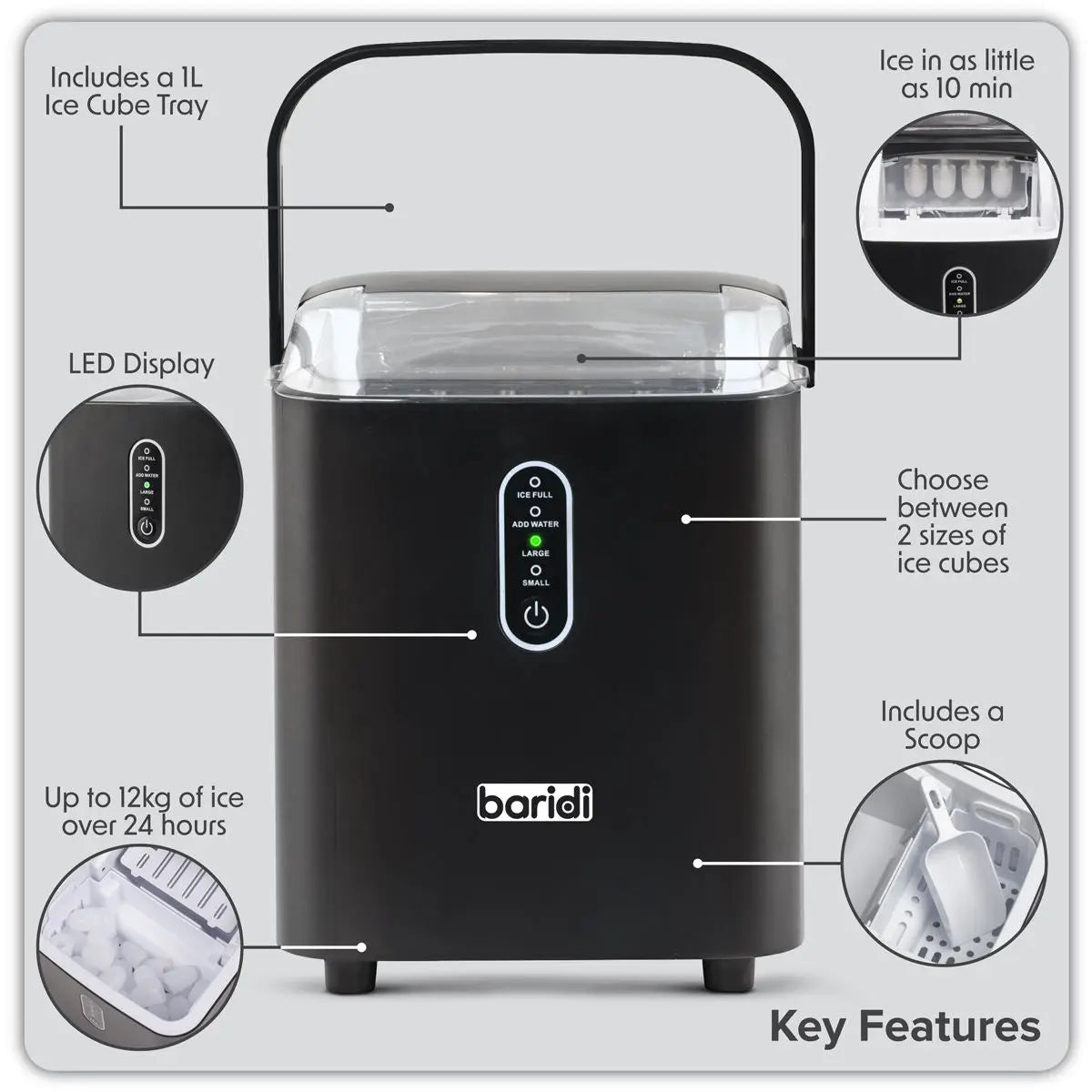 Baridi 12kg in 24hr Ice Cube Maker with LED Display & 10 Minute Freeze - DH52  White Rose Tools
