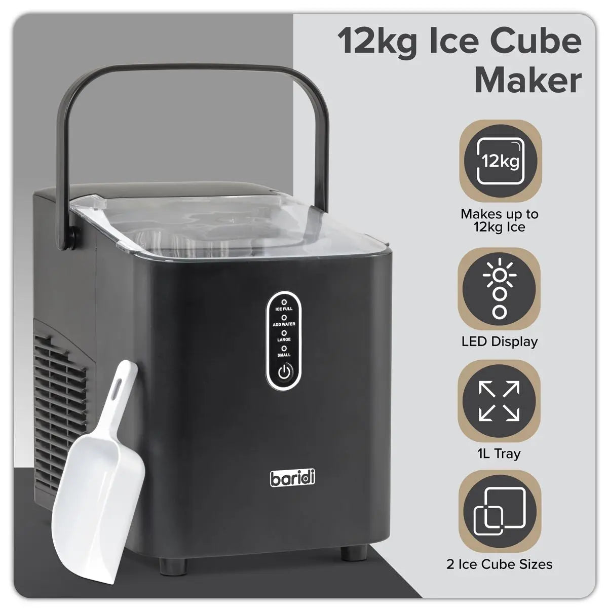 Baridi 12kg in 24hr Ice Cube Maker with LED Display & 10 Minute Freeze - DH52  White Rose Tools