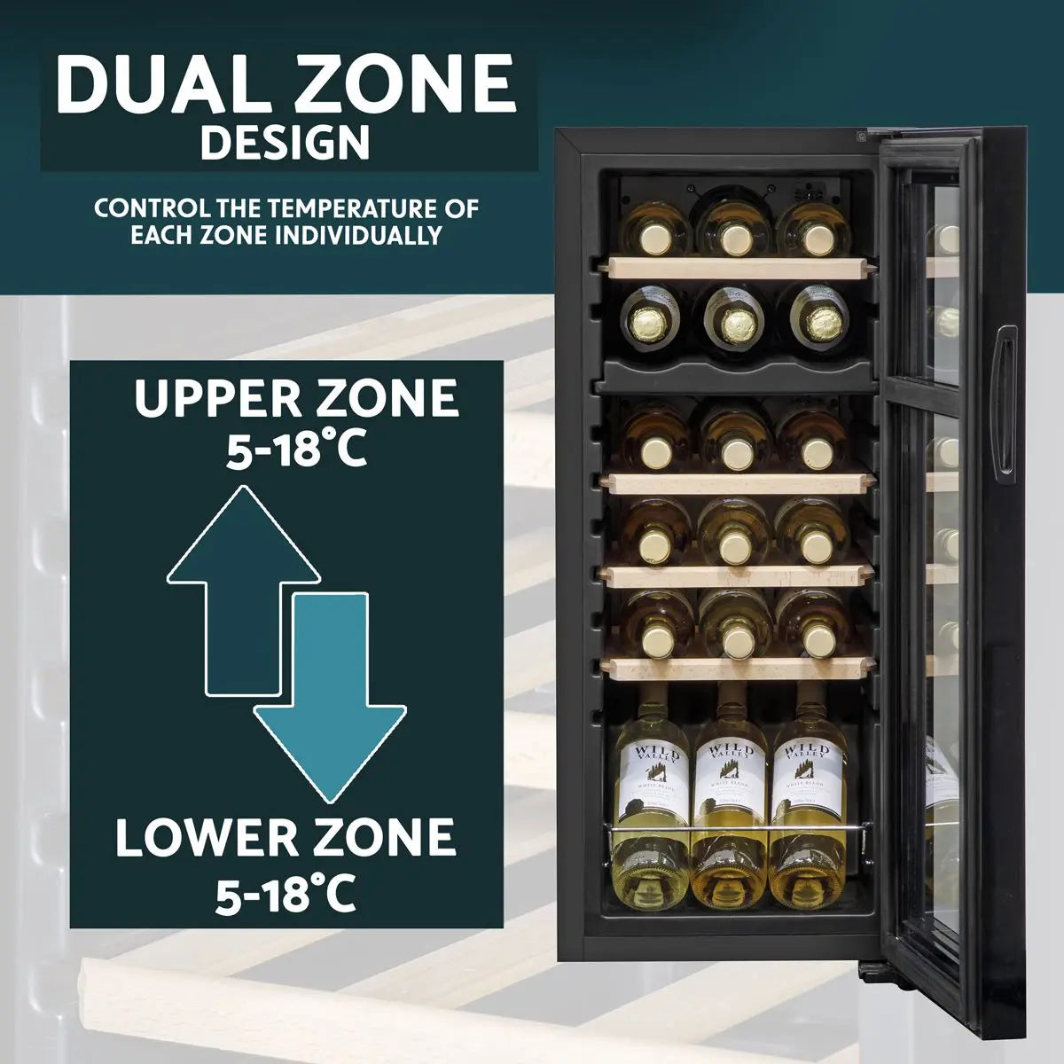 Baridi 18 Bottle Dual Zone Wine Cooler, Fridge with Digital Touchscreen Controls, Wooden Shelves & LED Light, Black  White Rose Tools