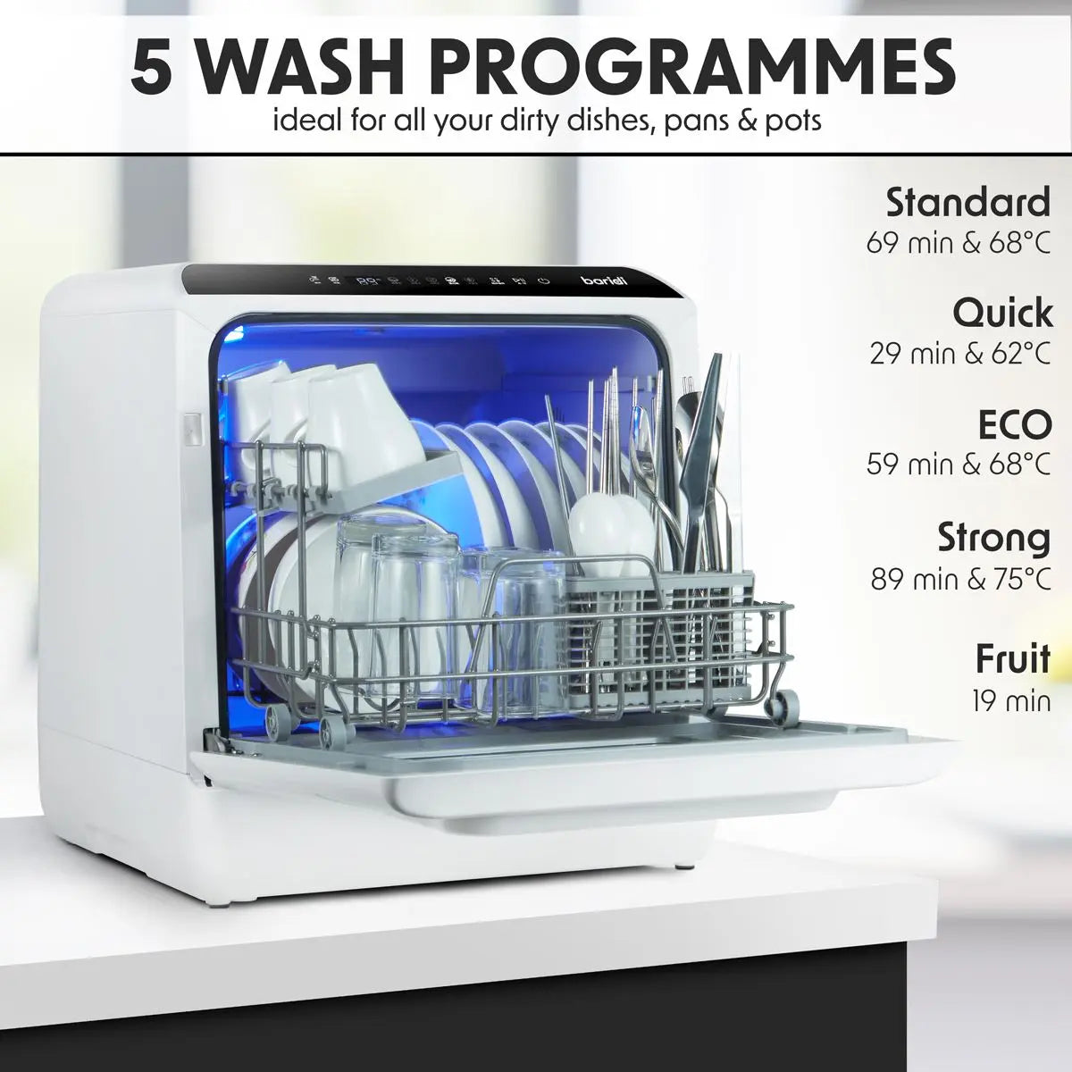 Baridi 2-4 Place Settings Mini Portable Tabletop Dishwasher, 5 Wash Functions  White Rose Tools