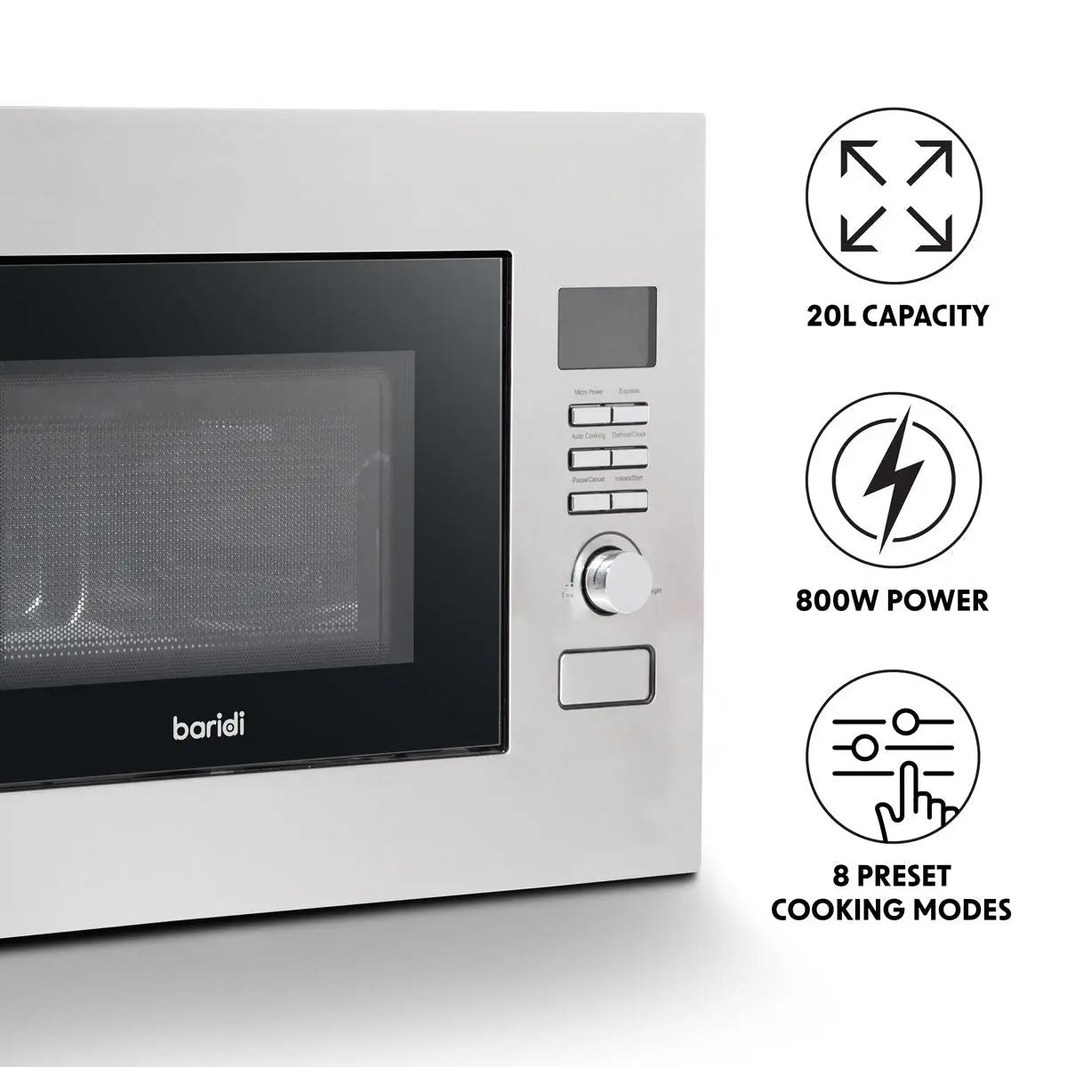 Baridi 20L Integrated Microwave Oven, 800W, Stainless Steel  White Rose Tools