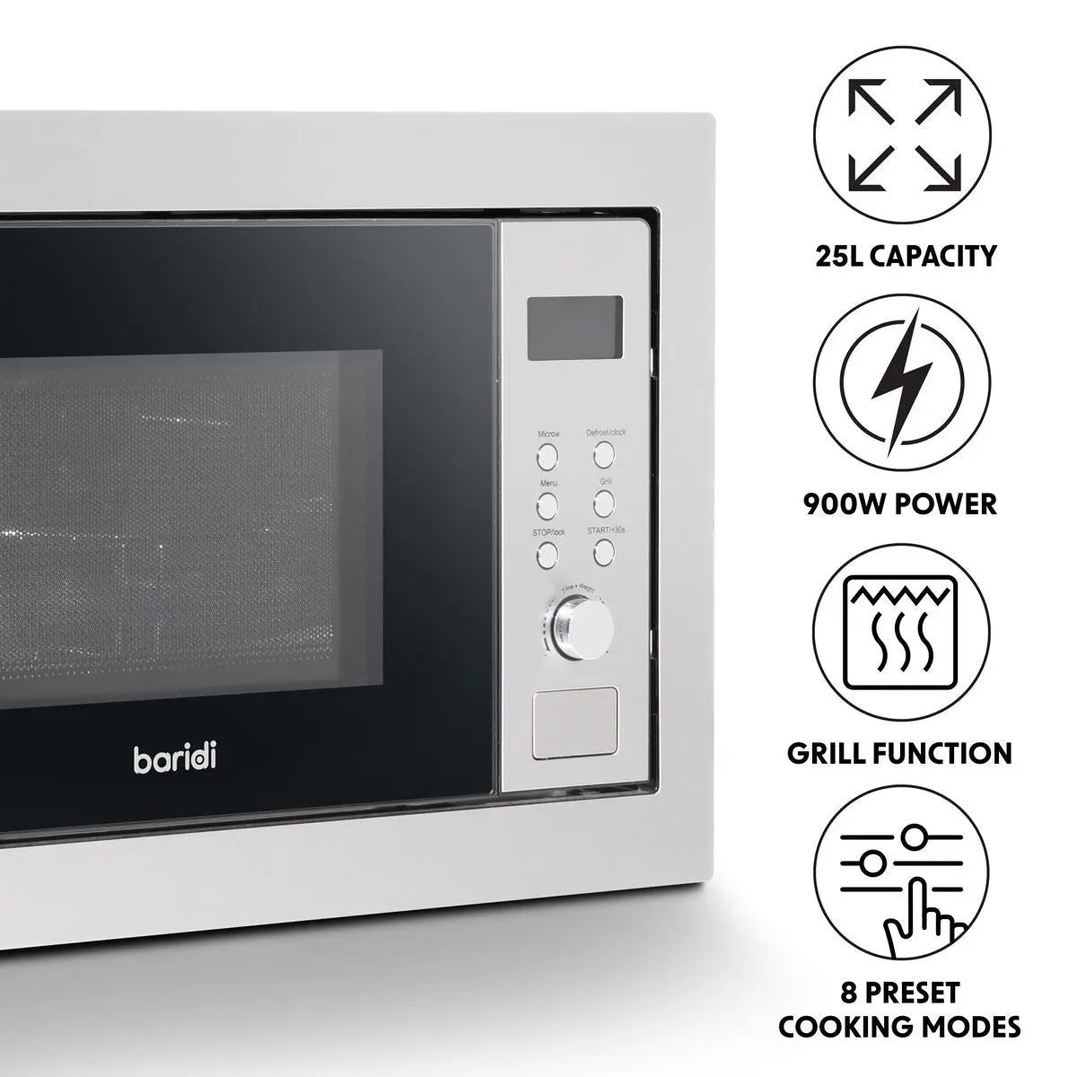 Baridi 25L Integrated Microwave Oven with Grill, 900W, Stainless Steel  White Rose Tools