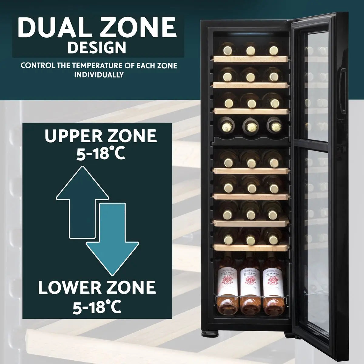 Baridi 27 Bottle Dual Zone Wine Cooler, Fridge with Digital Touchscreen Controls, Wooden Shelves & LED Light, Black  White Rose Tools
