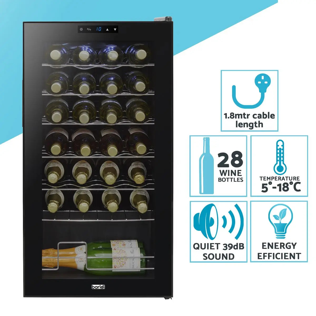 Baridi 28 Bottle Wine Fridge with Digital Touchscreen Controls & LED Light, Black  White Rose Tools