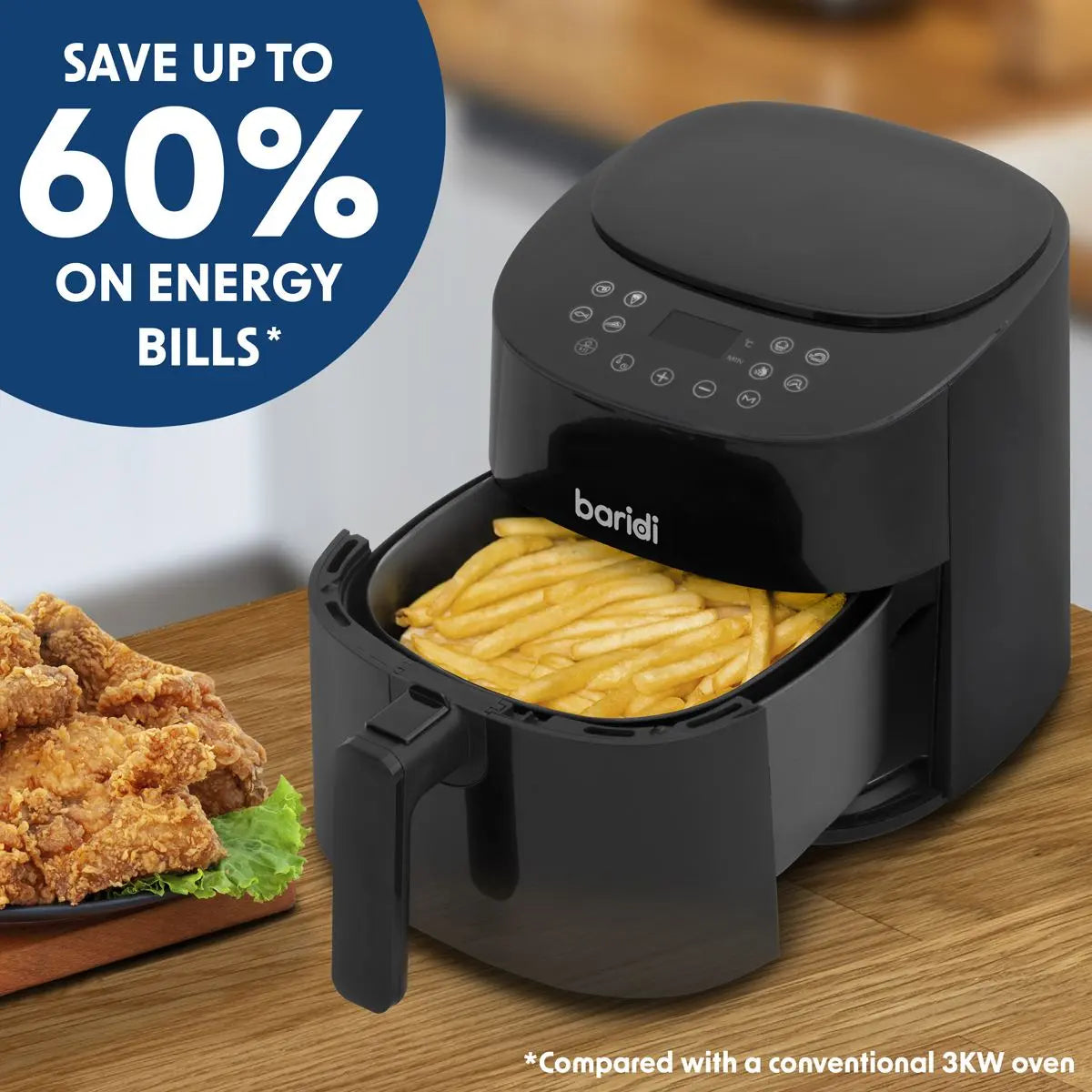Baridi 3.5L Low Fat Air Fryer with Digital Rapid Air Oil Free Circulation System, 1300W, 8 Presets  White Rose Tools