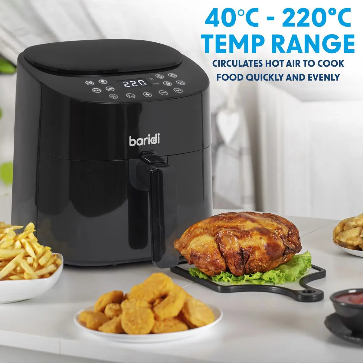 Baridi 3.5L Low Fat Air Fryer with Digital Rapid Air Oil Free Circulation System, 1300W, 8 Presets  White Rose Tools