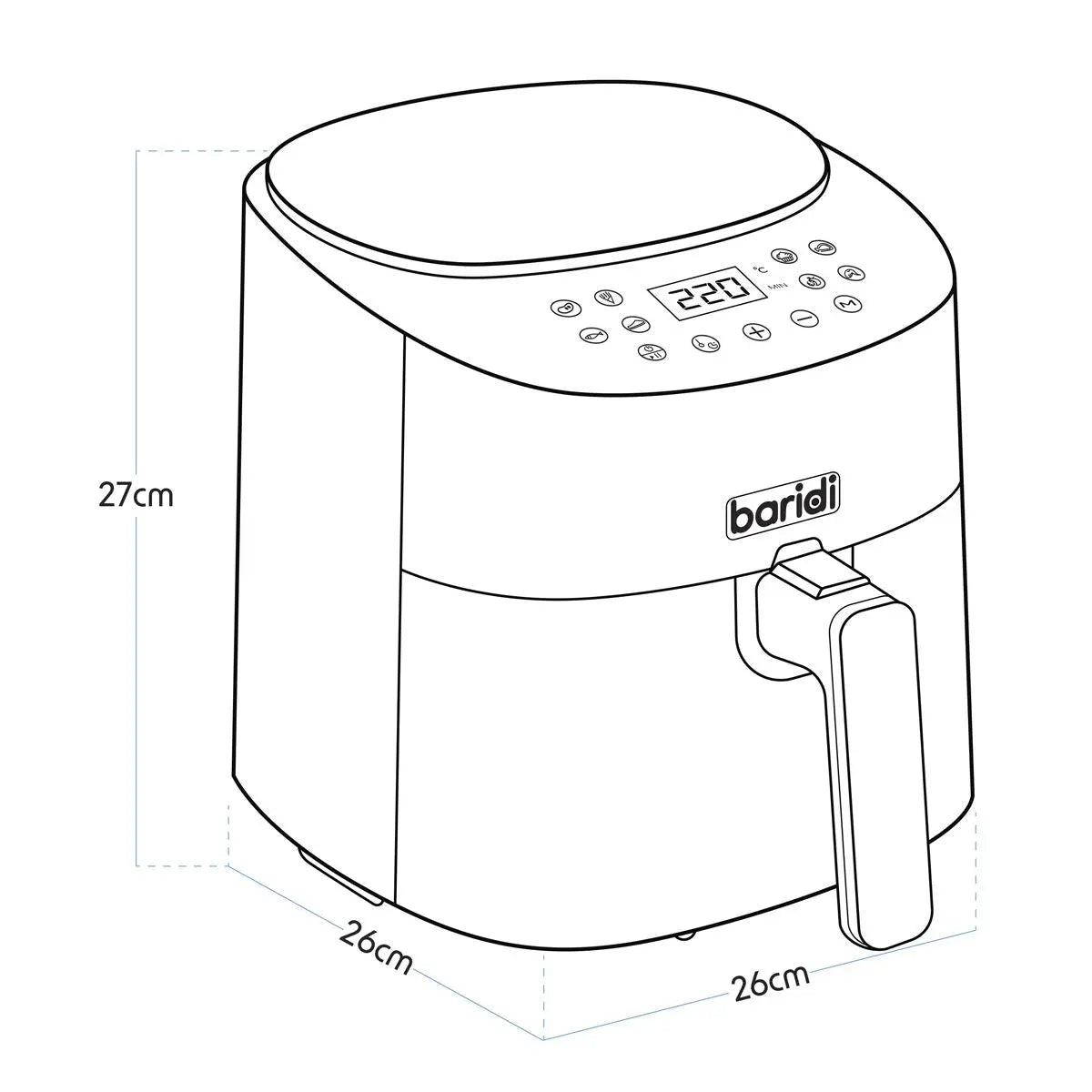 Baridi 3.5L Low Fat Air Fryer with Digital Rapid Air Oil Free Circulation System, 1300W, 8 Presets  White Rose Tools