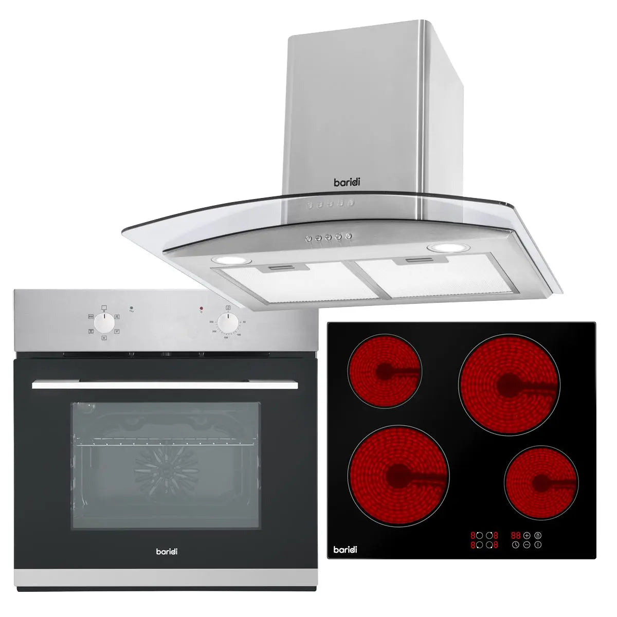 Baridi 4 Zone Ceramic Hob, 5-Function Fan-Assisted Oven & Curved Glass Cooker Hood  White Rose Tools