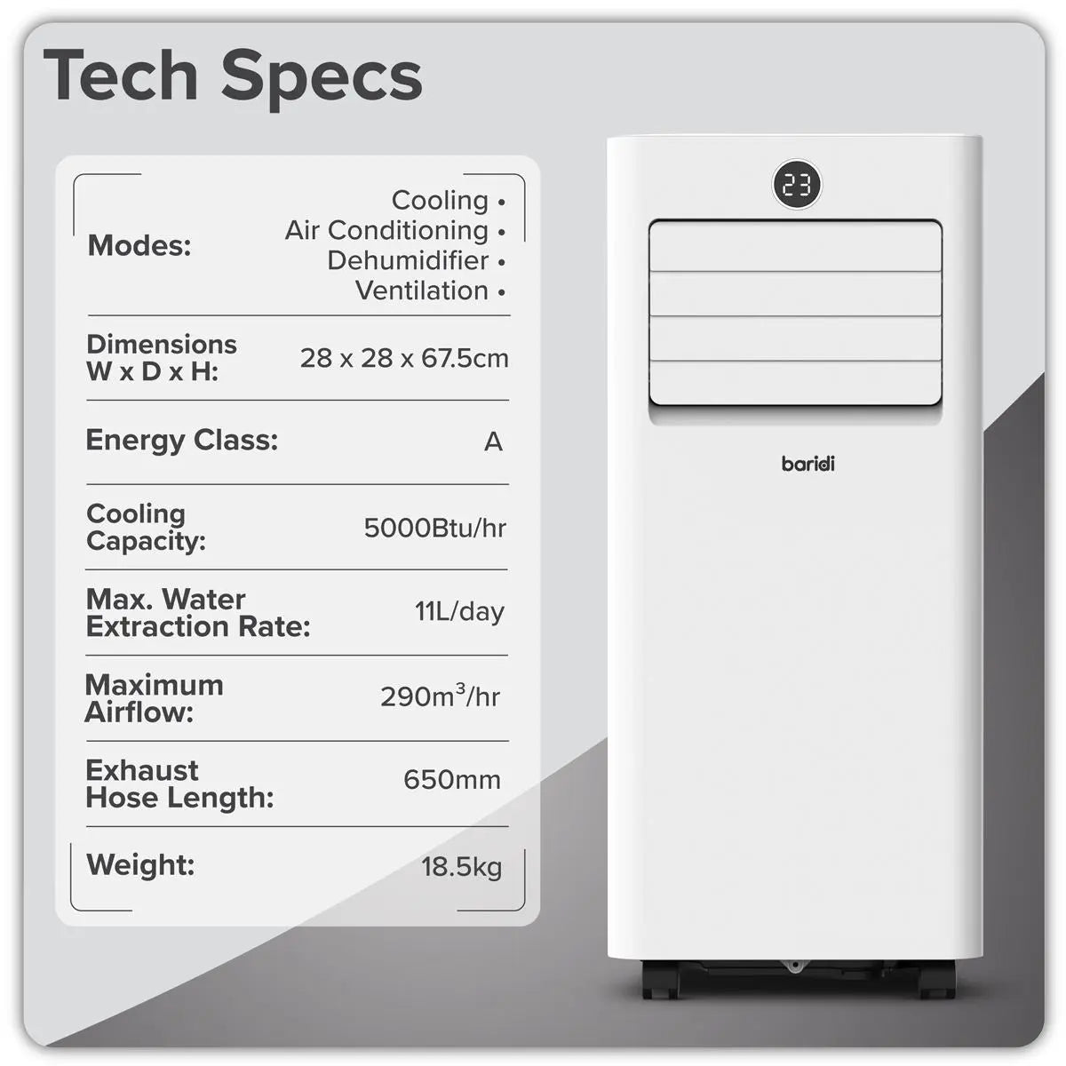 Baridi 4-in-1 Portable Air Conditioner with Window Sealing Kit 5,000Btu/hr - White  White Rose Tools