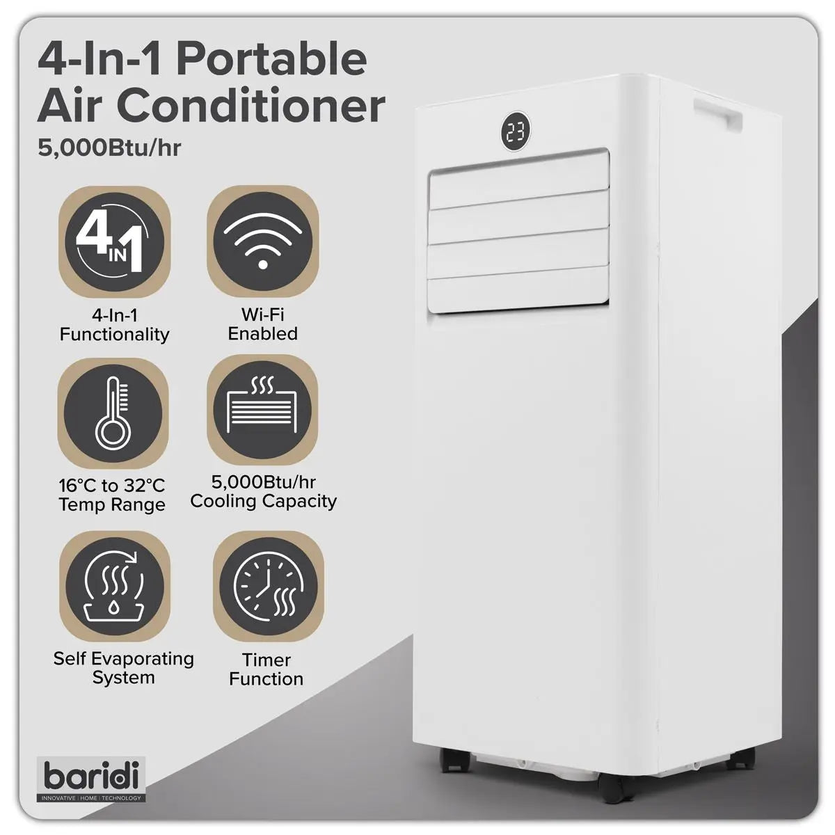 Baridi 4-in-1 Portable Air Conditioner with Window Sealing Kit 5,000Btu/hr - White  White Rose Tools