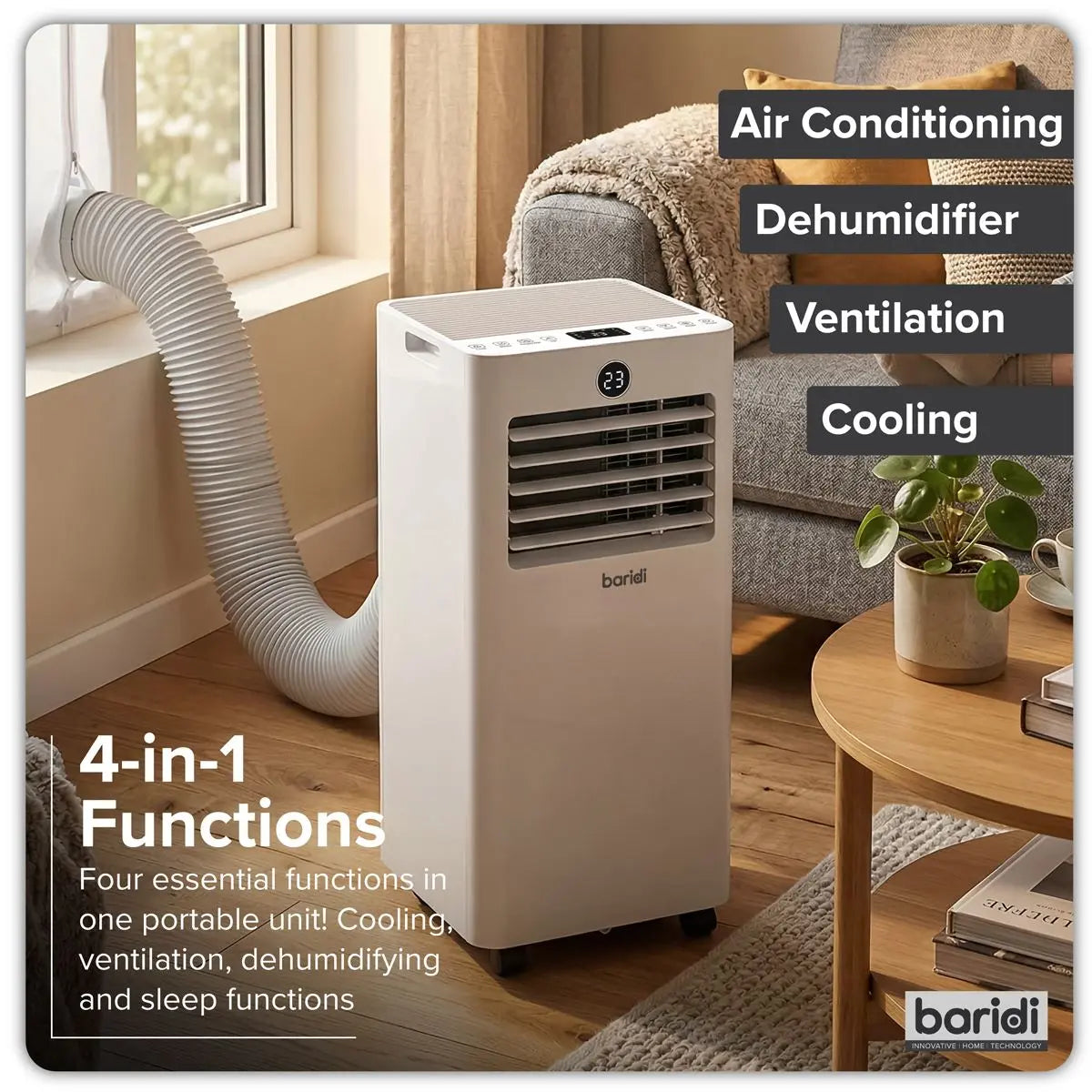 Baridi 4-in-1 Portable Air Conditioner with Window Sealing Kit 5,000Btu/hr - White  White Rose Tools