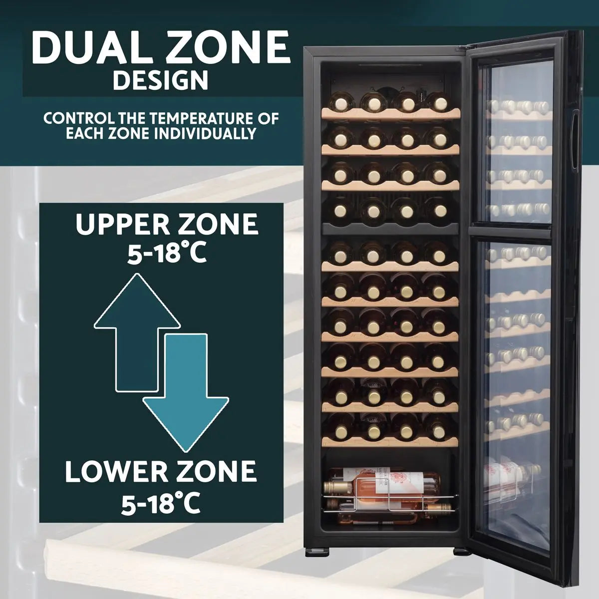 Baridi 44 Bottle Dual Zone Wine Cooler, Fridge with Digital Touchscreen Controls, Wooden Shelves & LED Light, Black  White Rose Tools